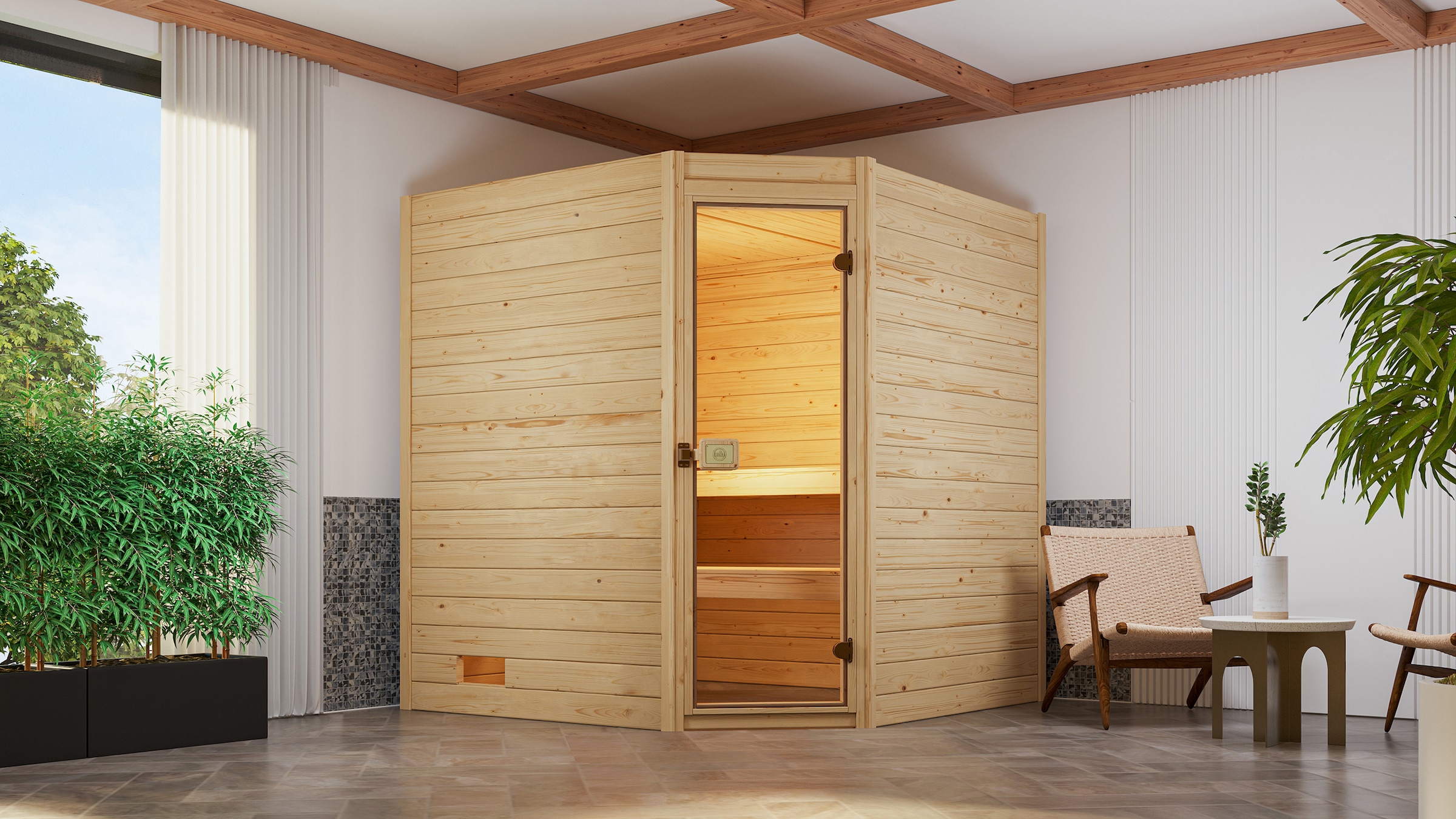 weka Sauna "Massivholzsauna VALIDA Eck 2", Blockbohlen, Eckeinstieg, moderne Ganzglastür