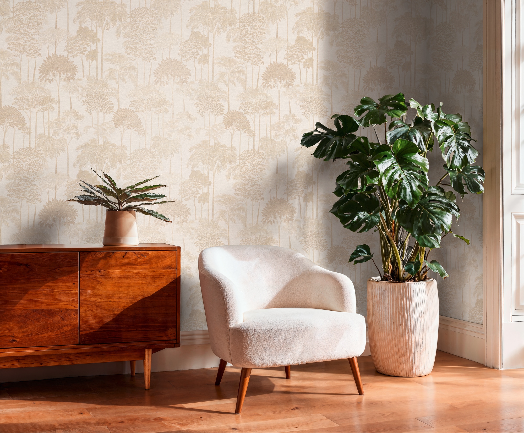 A.S. Création Vliestapete "Cuba II Golden Forest" Retro floral tropisch leicht strukturiert Dezentes Waldmotiv mit stilisierten Bäumen und sanfter Tiefe