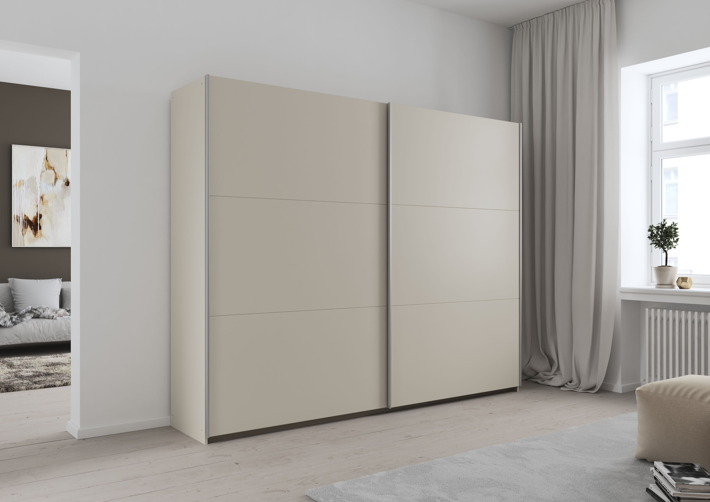 rauch Schwebetürenschrank "AURELIO Kleiderschrank Garderobe" 3 Ausstattungen BASIC/CLASSIC/PREMIUM (inkl. SOFT-CLOSE-FUNKTION), 3 verschiedene Ausstattungsvarianten Griffe aus Metall MADE IN GERMANY