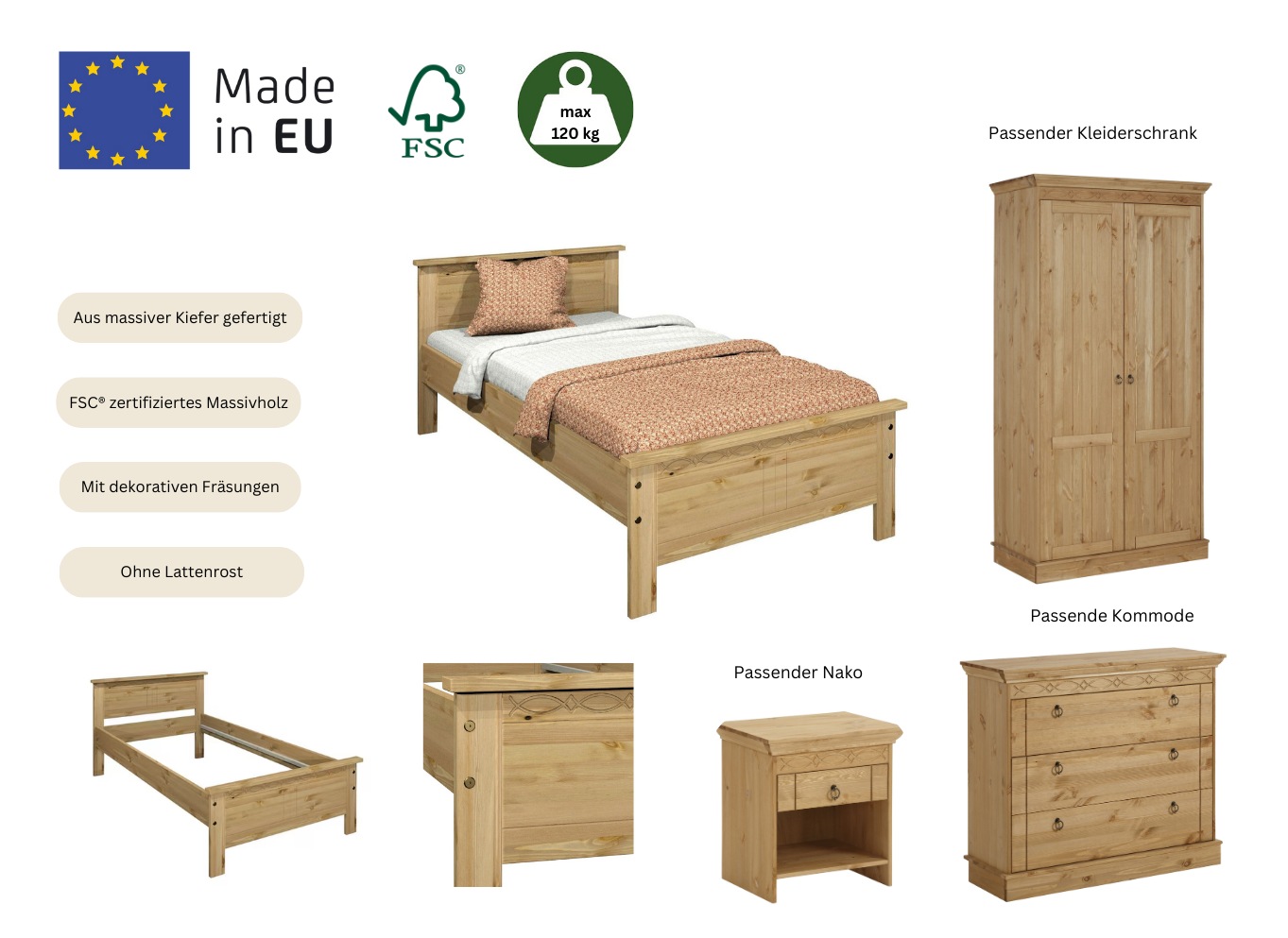 Home affaire Massivholzbett »Indra, TOPSELLER, Landhausstil, edles Design,zertifiziertes Massivholz«, (Breite/Belastbarkeit 180cm/220 KG, 140cm/180 KG, 90cm/120 KG), mit dekorativen Fräsungen, in 2 Breiten und Farben