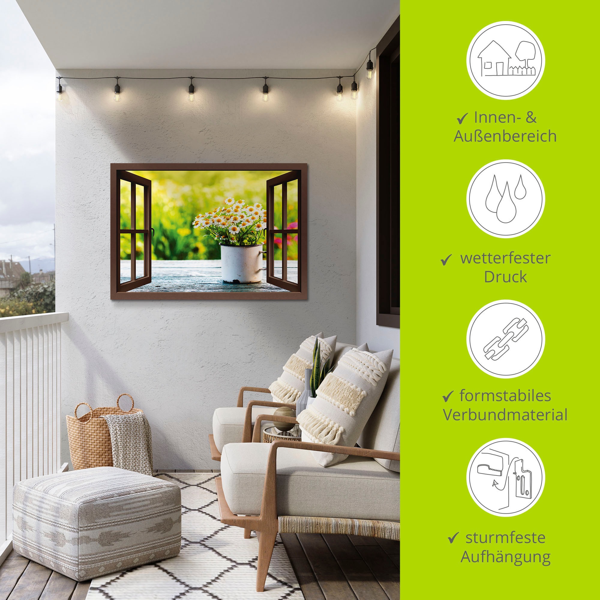 Artland »Fensterblick Garten mit Gänseblümchen« Blumen 1 Stk. tlg. für Innen- und Außenbereich geeignet, Outdoorbild