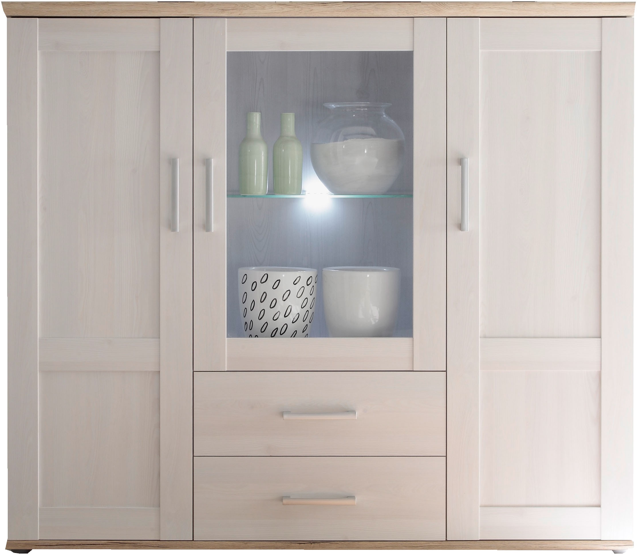 HBZ Highboard »Romance Landhaustil mit LED-Beleuchtung, BxHxT 156x137x46 cm«, (1 St.), Mit 2 Türen, 2 Schubkästen und 6 Einlegeböden, 1 Glasboden