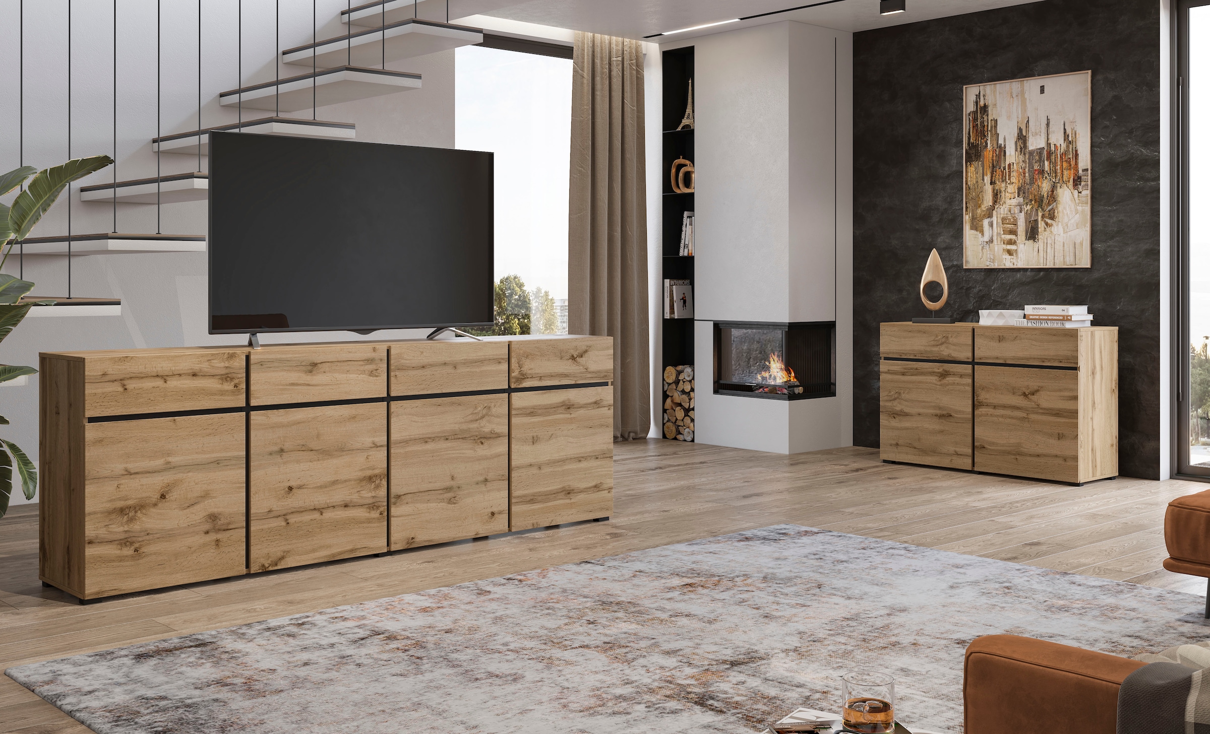 INOSIGN Sideboard »Cross,Breite 225 cm, moderne grifflose Kommode,4 Türen/4 Schubkästen«, Schubladenschrank mit viel Stauraum, Einlegeböden verstellbar