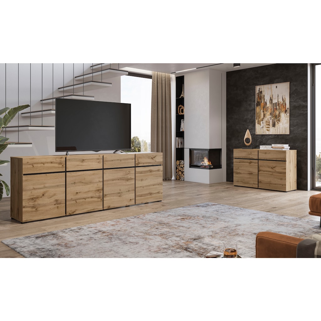 INOSIGN Sideboard »Cross,Breite 225 cm, moderne grifflose Kommode,4 Türen/4 Schubkästen«, Schubladenschrank mit viel Stauraum, Einlegeböden verstellbar