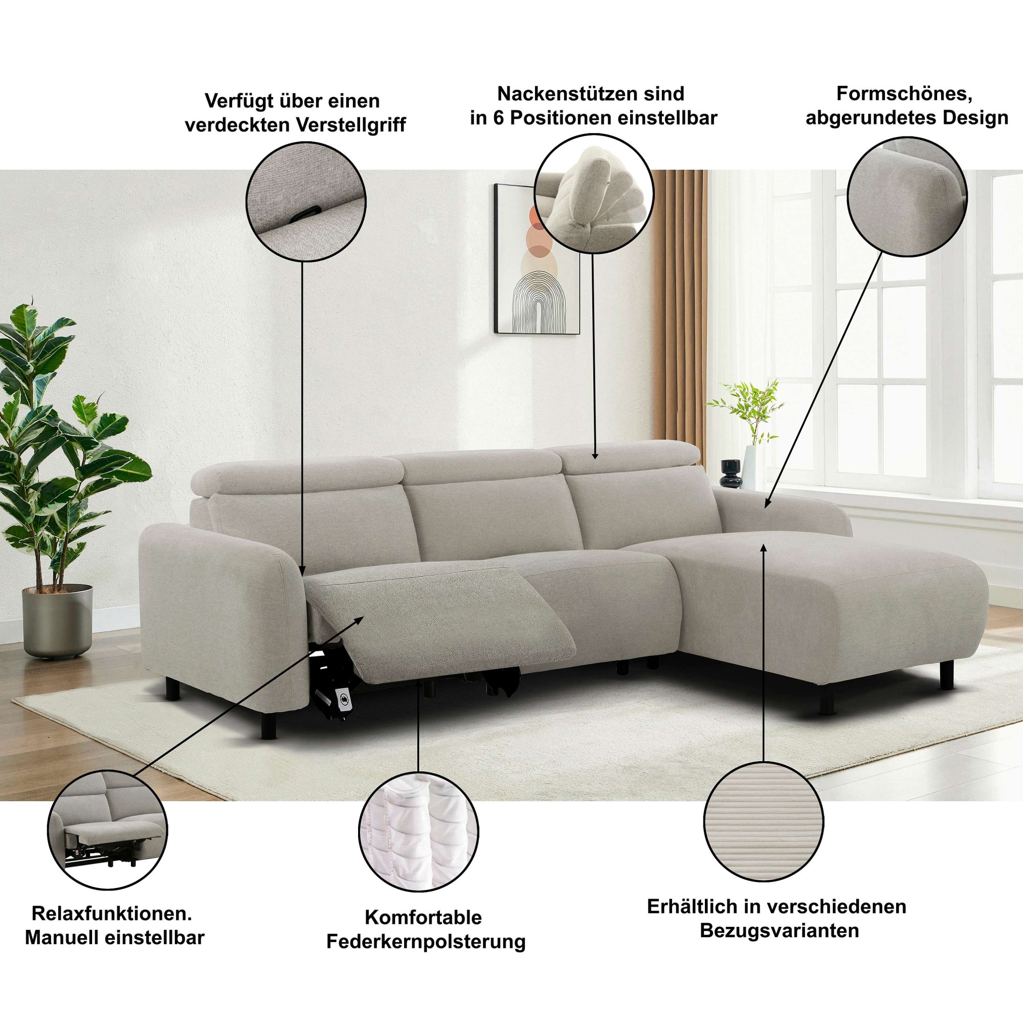 OTTO home Ecksofa »SKAANE Struktur, L-Form, 274 cm, manuelle/elektrische Relaxfunktion,« 274 cm, mit Kopfteilverstellung und man. oder elektr. Relaxfunktion