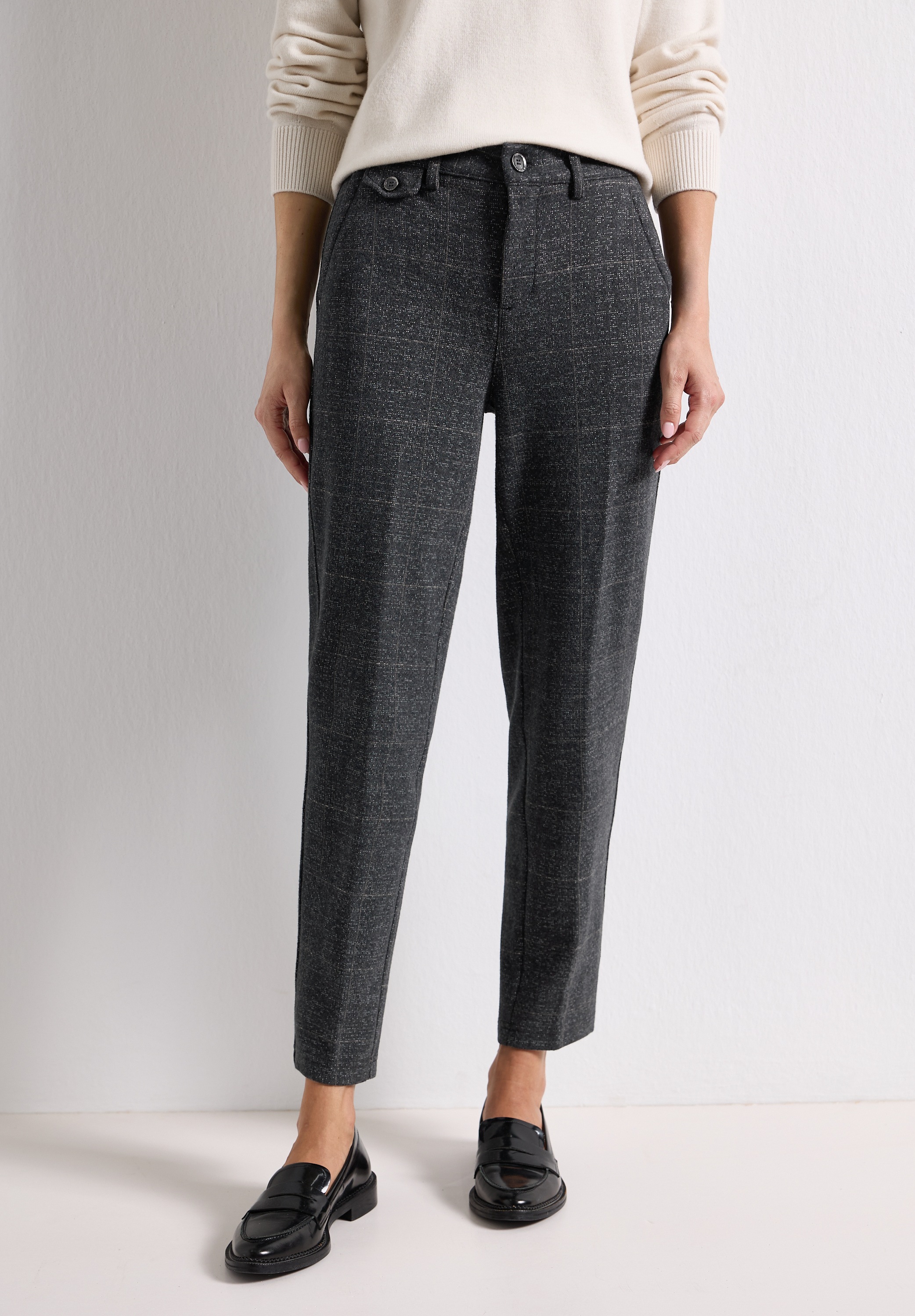 STREET ONE Damen Stoffhosearmor grau meliert, Gr. 38, kariert, Web, 35% Baumwolle, 30% Polyester, 20% Viskose, 13% Polyamid, 2% Elasthan, Hosen,