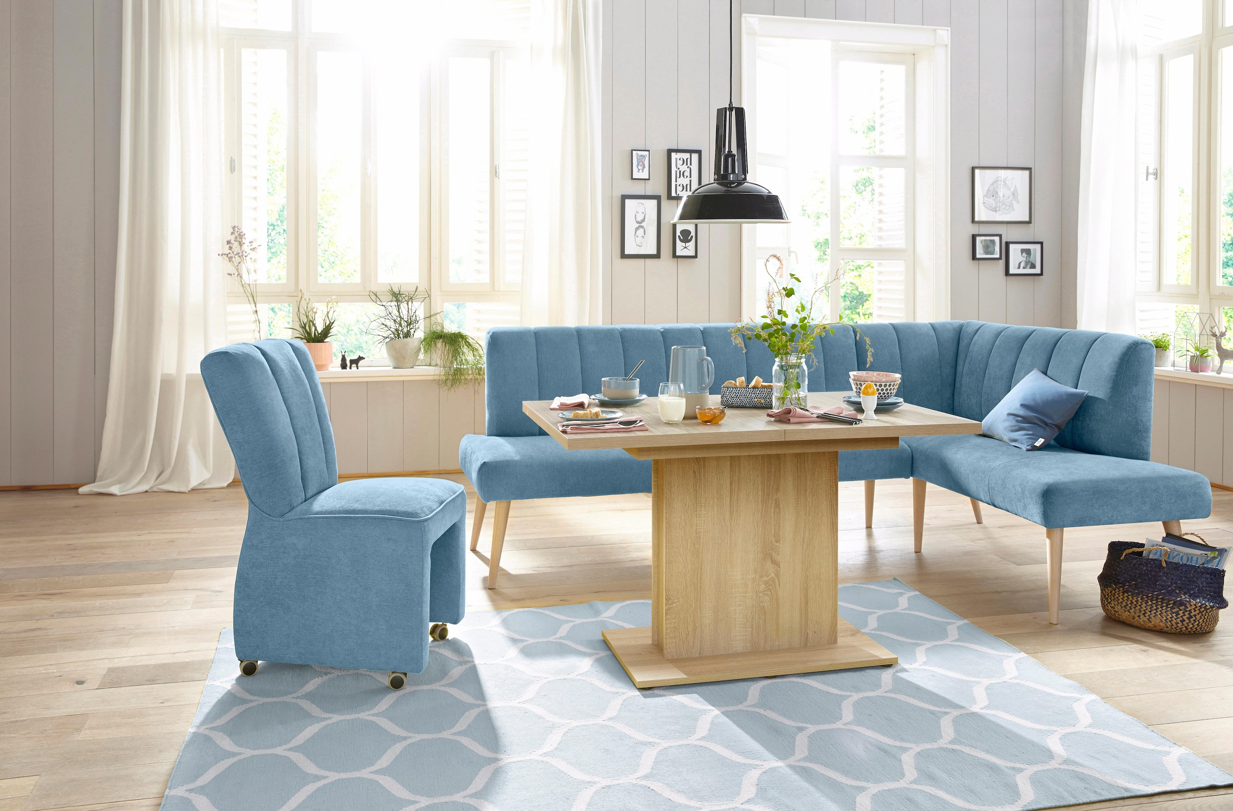 exxpo - sofa fashion Eckbank »Costa, moderne Rückensteppung, bequem und elegant, hoher Holzfuß«, hochwertig verarbeitet, Frei im Raum stellbar