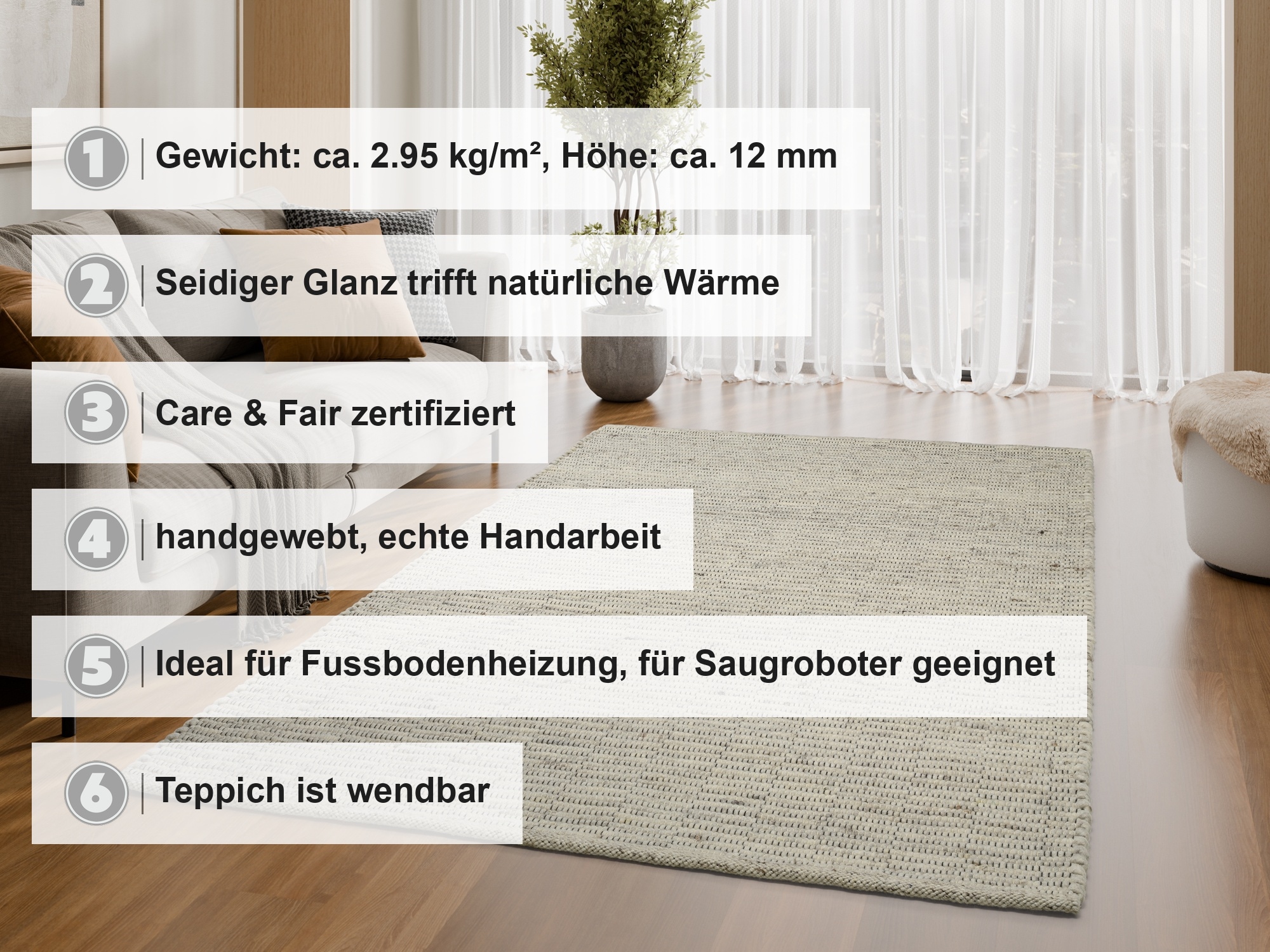 OCI DIE TEPPICHMARKE Wollteppich »ATRIUM HANDWEB  ,  auch als Läufer und in Rund erhältlich« rechteckig 12 mm Höhe 70% Wolle, handgewebt, Naturfasern, Wendeteppich, Wohnzimmer