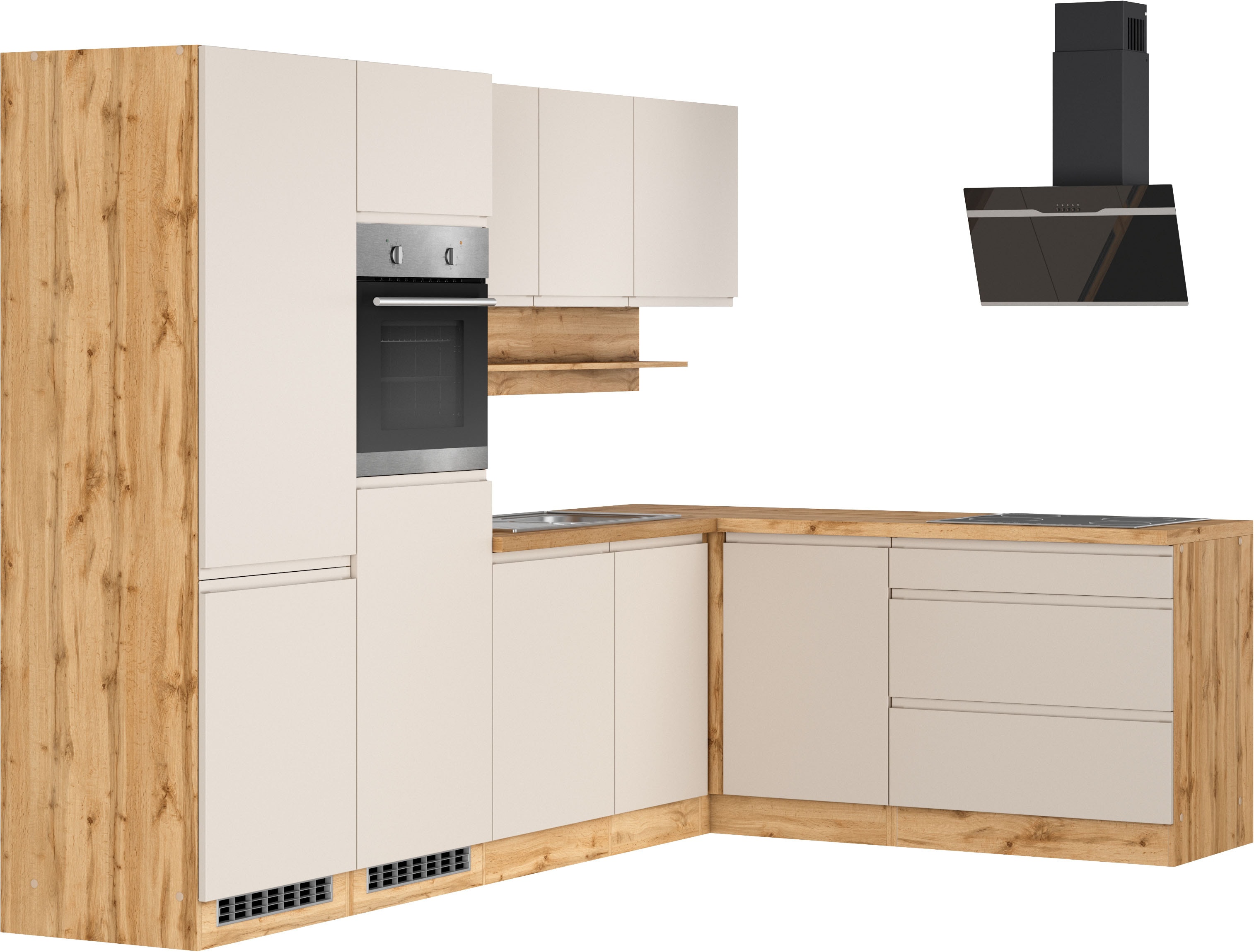 KOCHSTATION Winkelküche "KS-Virginia,neu in verbesserter Ausführung" Arbeitsplatte 38 mm stark, Stauraum, Softclose, Stellbreite 290/180 cm, Soft-Close, ohne E-Geräte