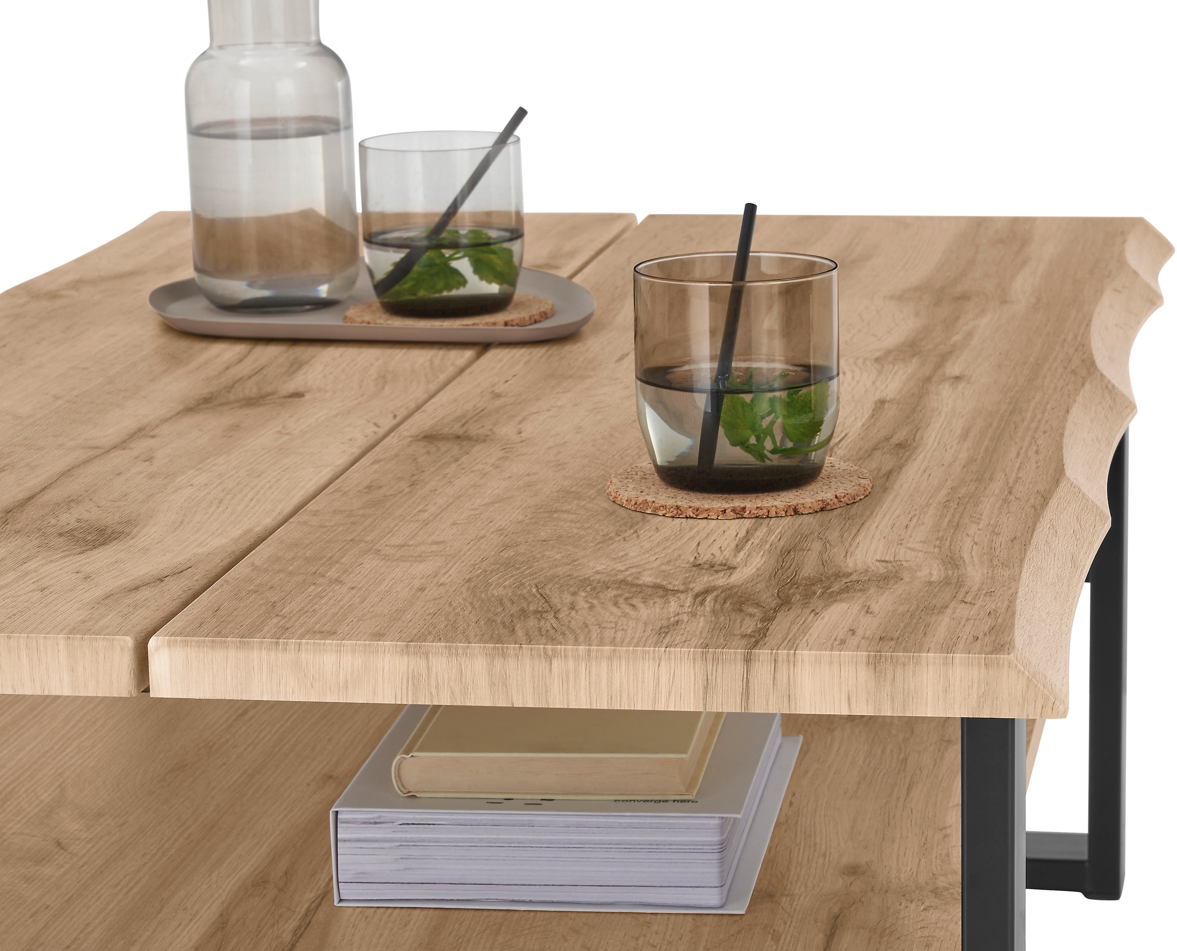 Stolkom Couchtisch »Venice Wohnzimmertisch mit Baumkante, BxHxT 107x40x66 cm«, Baumkantenoptik, Industrial Style, 1 Ablageboden, Wotan Eiche Optik