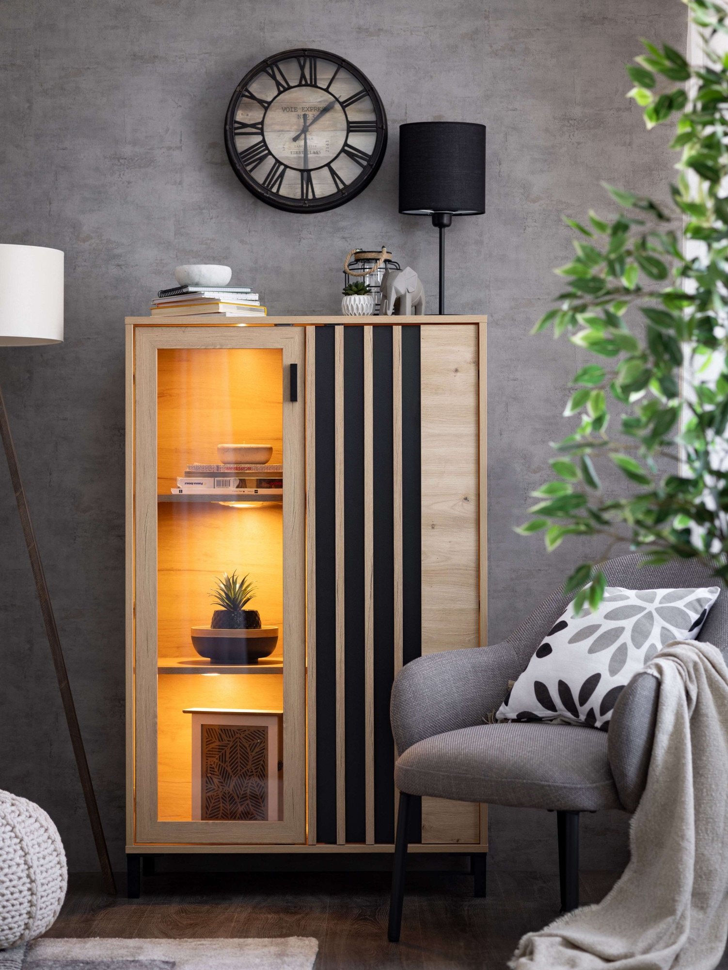 Home affaire Highboard "LAVAL, Hochkommode, Vitrine, Glasvitrine, Kombi-Highboard" Modernes Highboard in Artisan-Dekor mit Glasfront & Lamellen-Optik