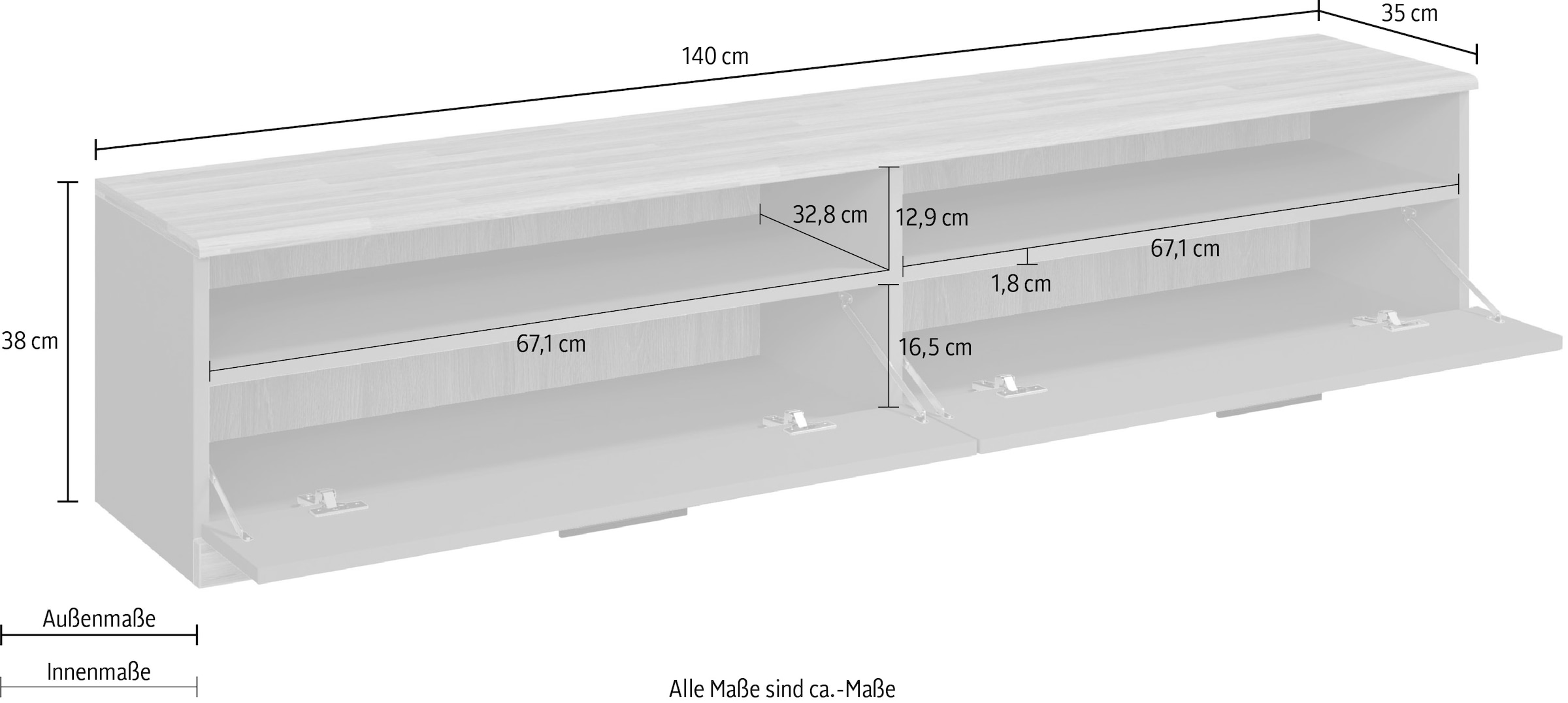 Home affaire Lowboard »Ribe,140cm breit,38cm hoch mit 2 Klappen,Oberplatte aus Massivholz«, Eiche massiv,Melamin in Salbeigrün,schwarze Metall Griffe