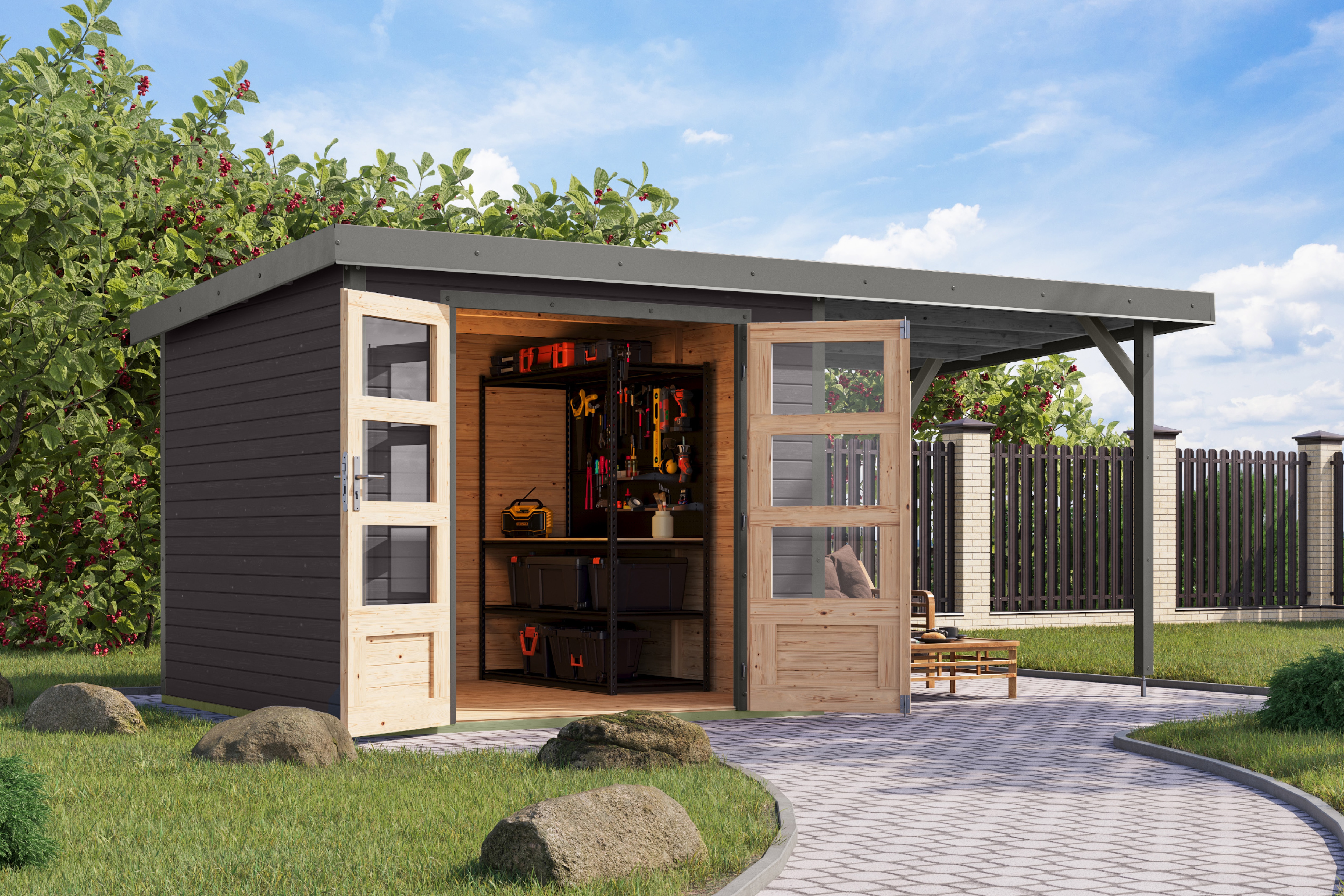 Karibu Gartenhaus "Jupiterino 3,5 SET, in verschiedenen Farben" inkl. Anbaudach
