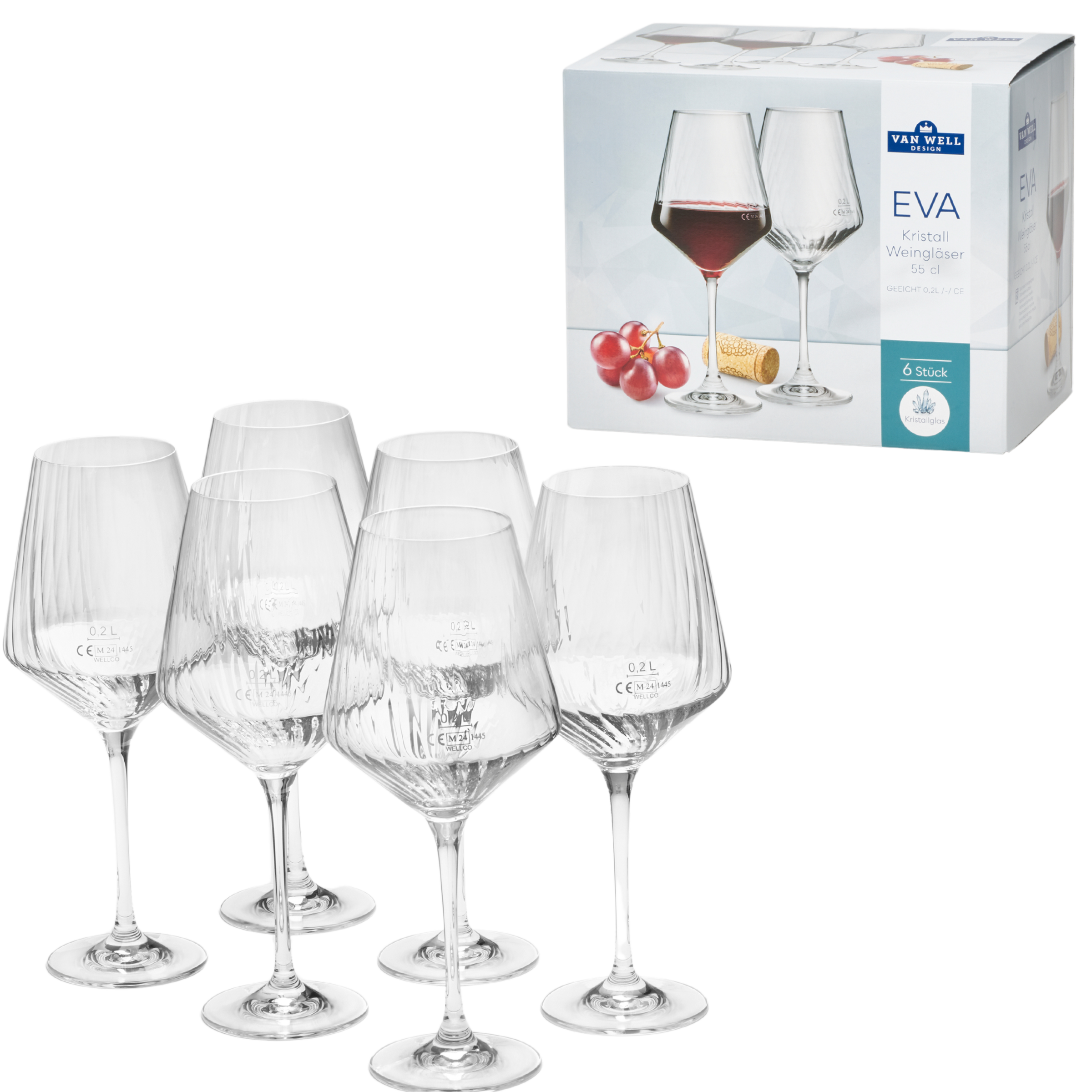 van Well Weinglas »Eva, Weingläser 55 cl geeicht, 6 Stück«, (Set, 6 tlg.), Relief-Optik, spülmaschinengeeignet