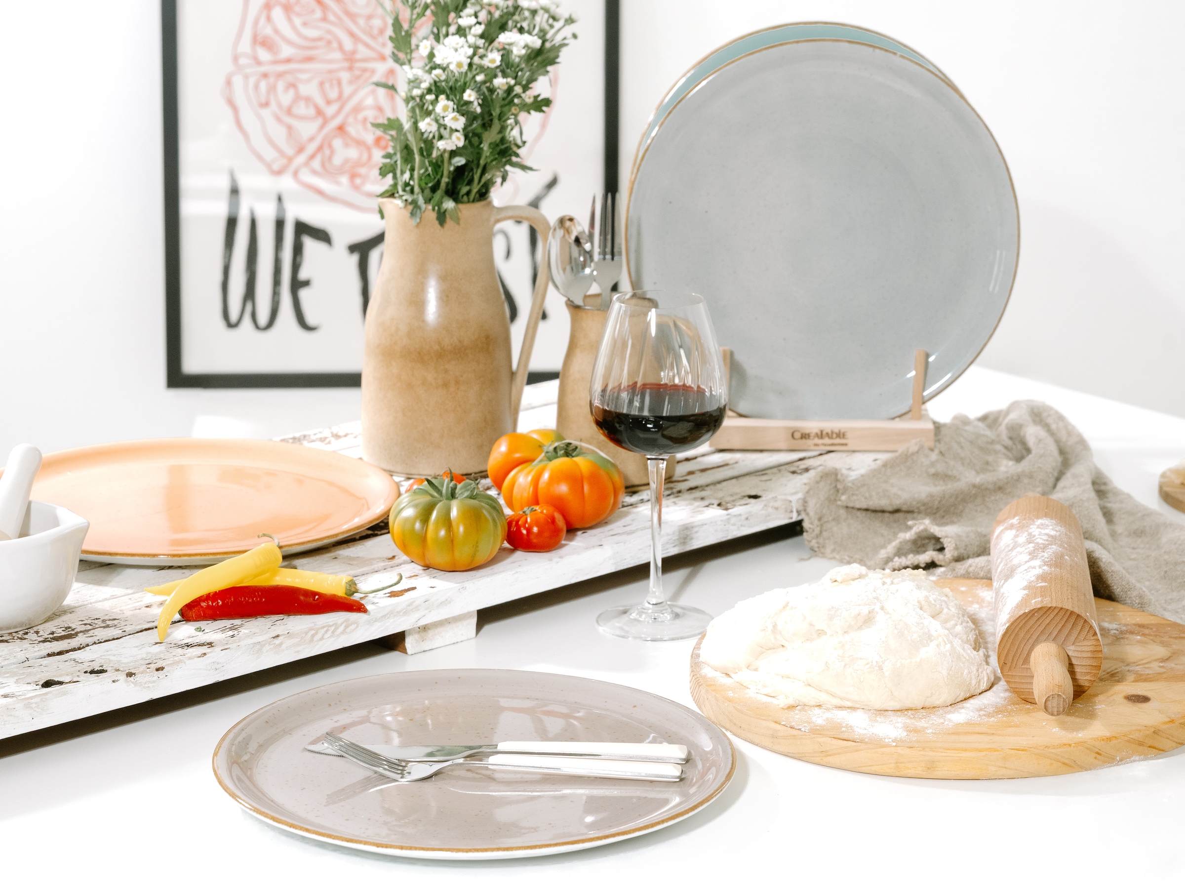 CreaTable Pizzateller »Essteller VINTAGE NATURE«, (Set, 4 St.), Teller Set für 4 Personen, Porzellan