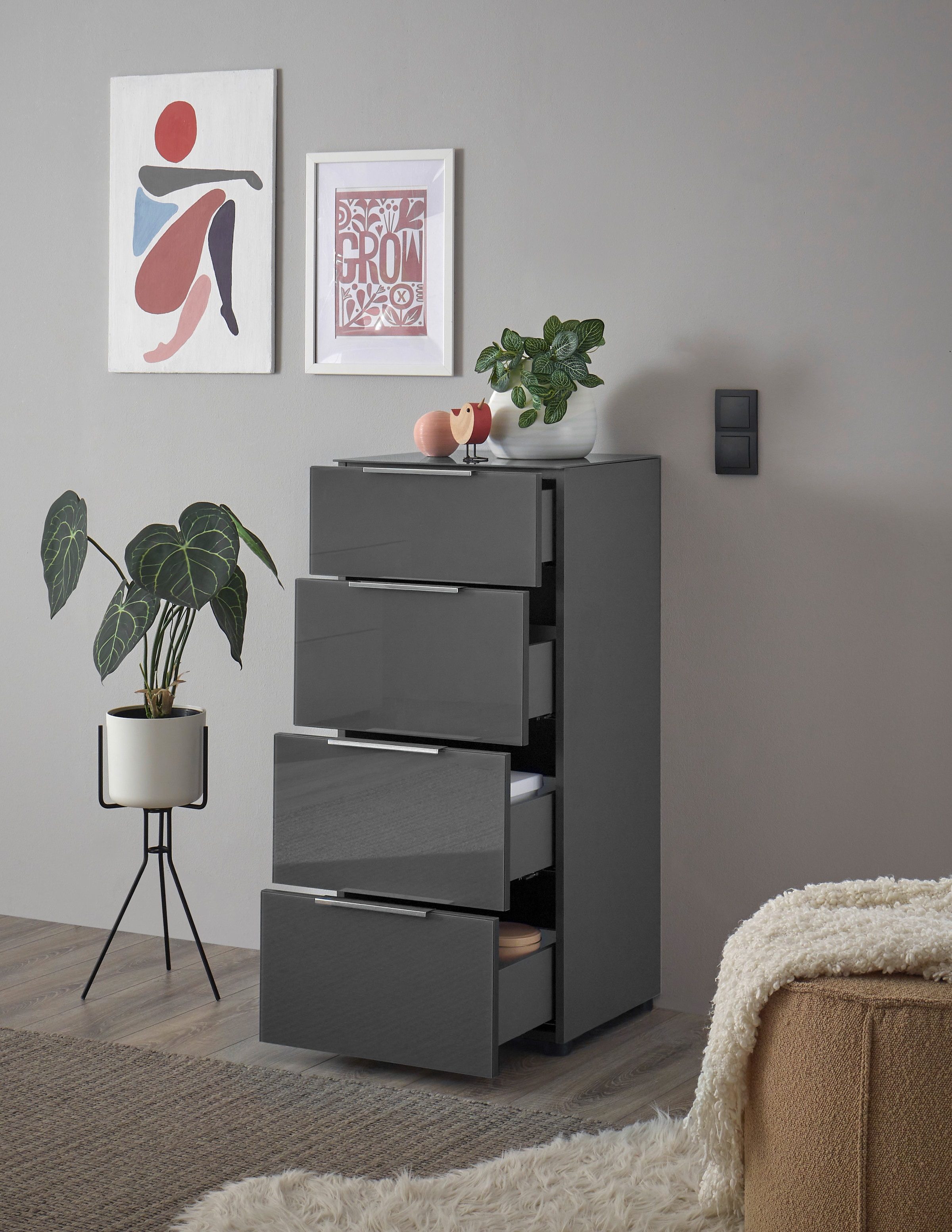 HBZ Kommode »Santorin Mehrzweckschrank mit Schubkästen, BxHxT 45x99x40 cm«, (1 St.), Mit 4 Schubkästen mit Softclose, Glasfront und Glasoberboden