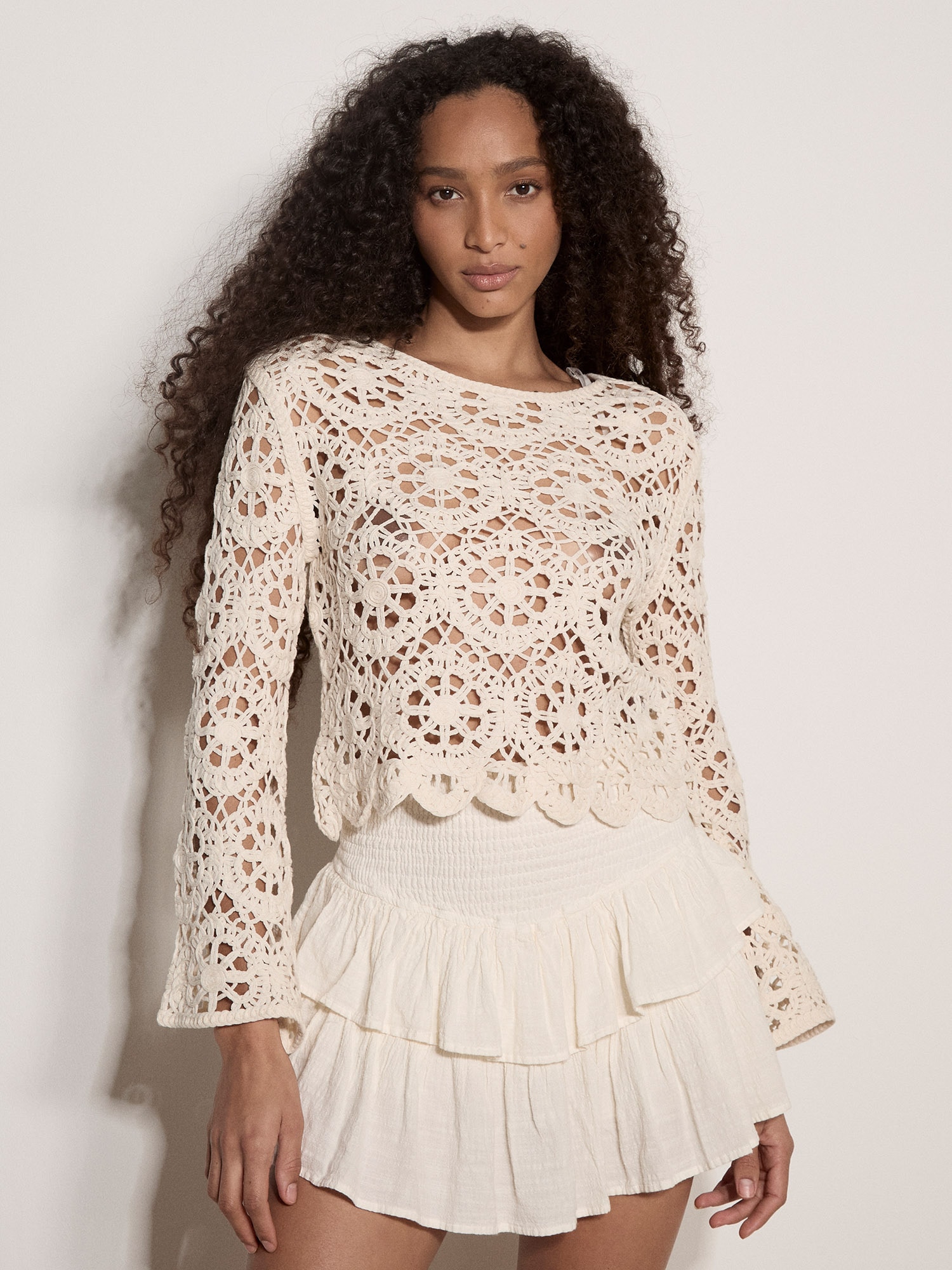 Apricot Spitzenshirt "Boho-Häkeloberteil mit Blumenmuster"