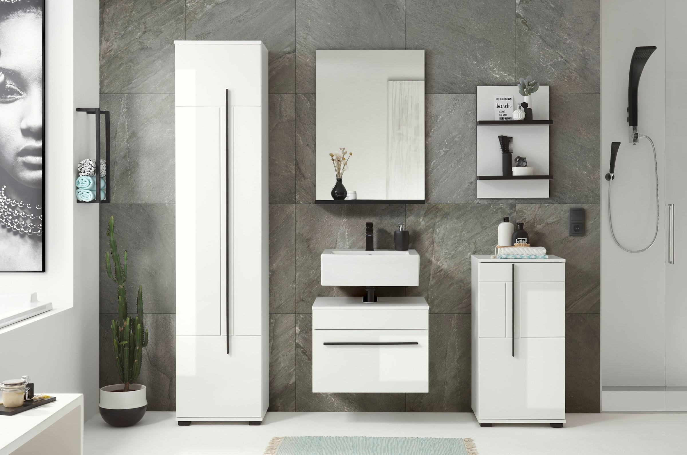INOSIGN Badmöbel-Set »Cantara, Bad im modernen Design, 5-teiliges Badezimmer«, (Set, 5 St.), Unterschrank, Schränke, Hängeregal und Spiegel, in Weiß Hochglanz