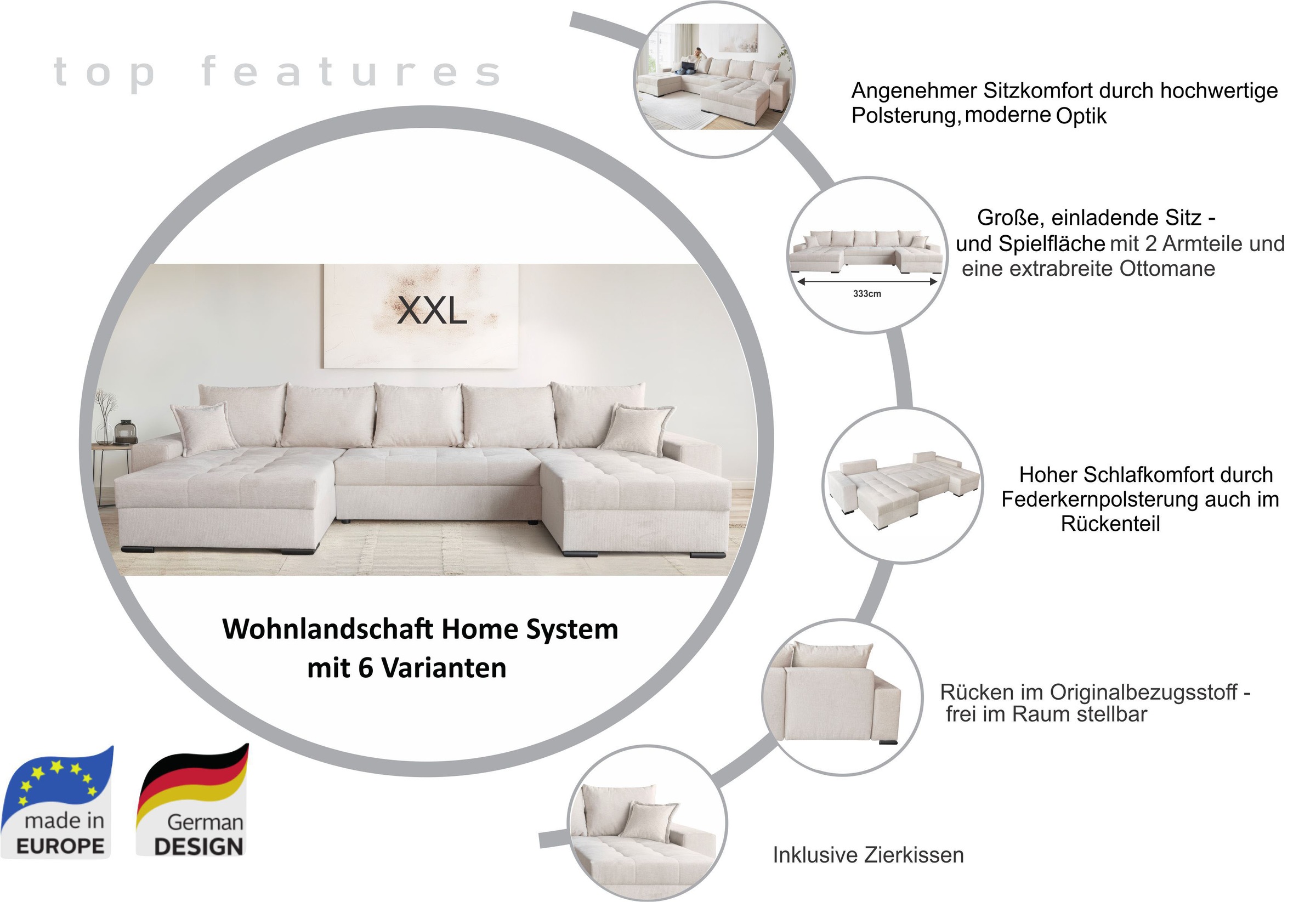 Thumbnail - OTTO home Wohnlandschaft "Home System U-Form, von B: 269-352 cm wählbar, 6 Varianten zur Auswahl" mit Bettfunktion, Bett...