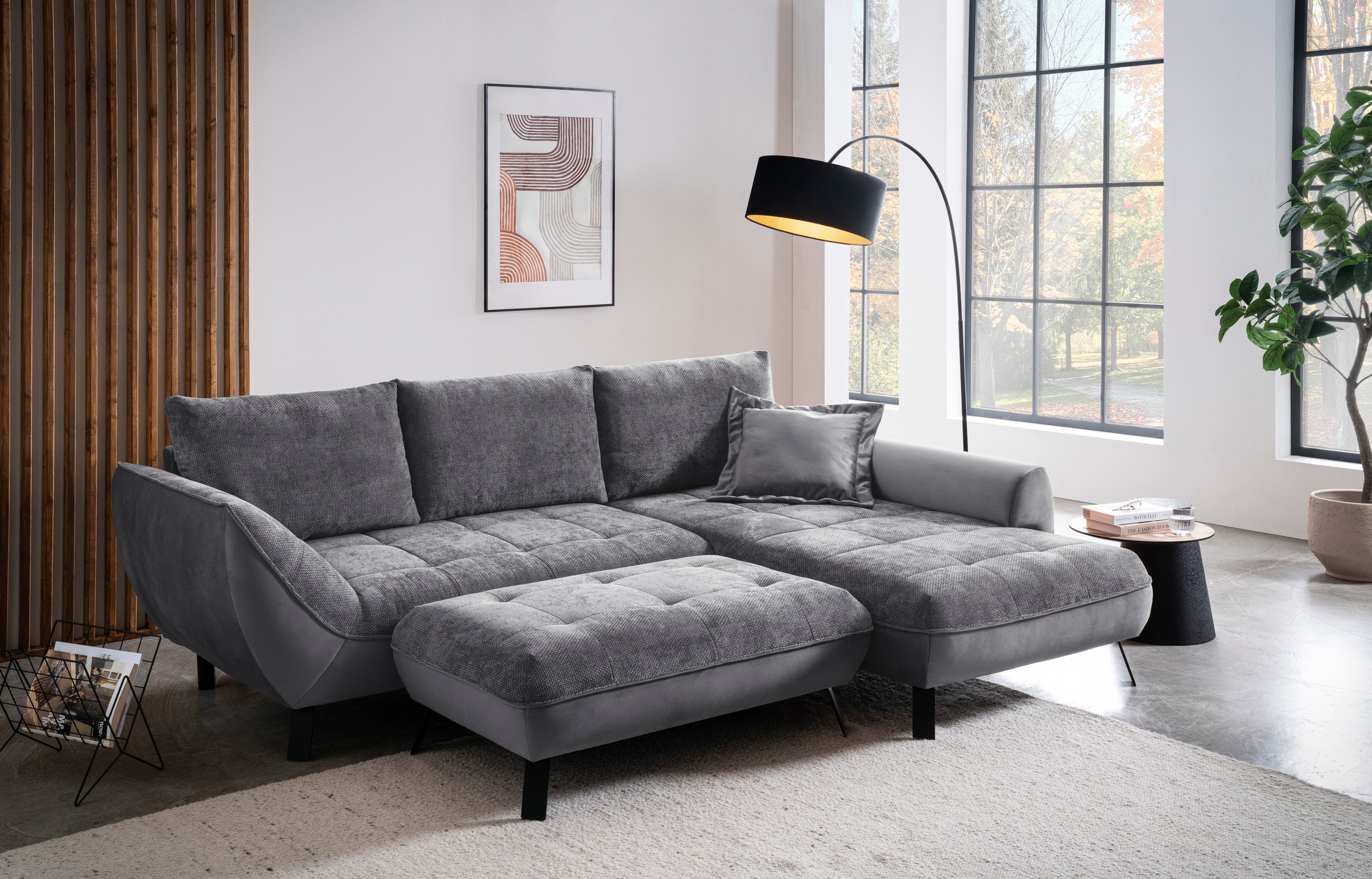 exxpo - sofa fashion Ecksofa »Bellinii, Materialmix, Strukturbezug und pflegeleichter Microvelours«, bequem und modern, Materialmix, L-Form