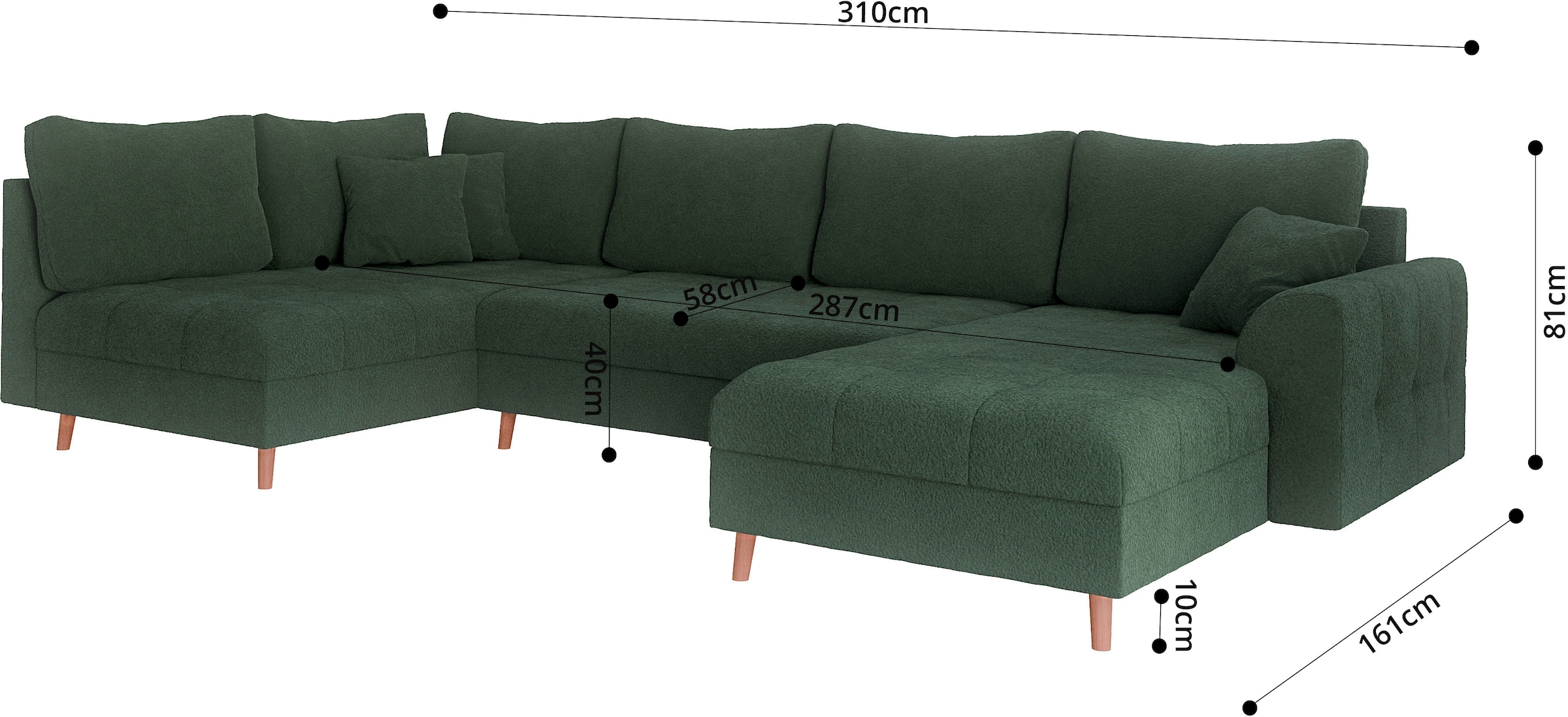 Home affaire Wohnlandschaft »CHARRE U-Form mit Ottomane, Maße B/T/H: 310/161/81 cm«, feine Steppung, lose Rücken- und Zierkissen, auch in Cord und Bouclé