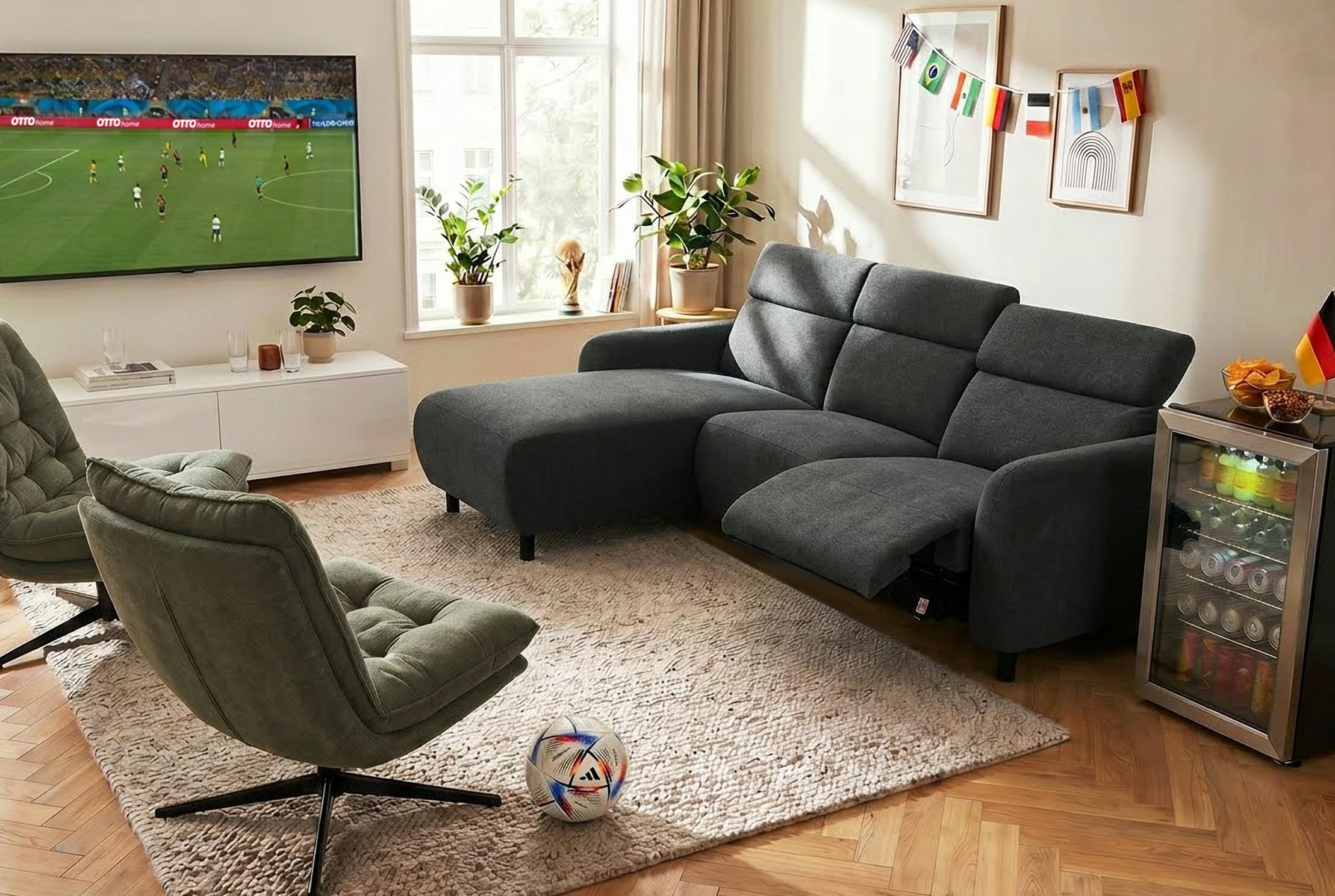 OTTO home Ecksofa "SKAANE Struktur, L-Form, 274 cm, manuelle/elektrische Relaxfunktion," rundes Design, Kopfteilverstellung, Federkernpolsterung