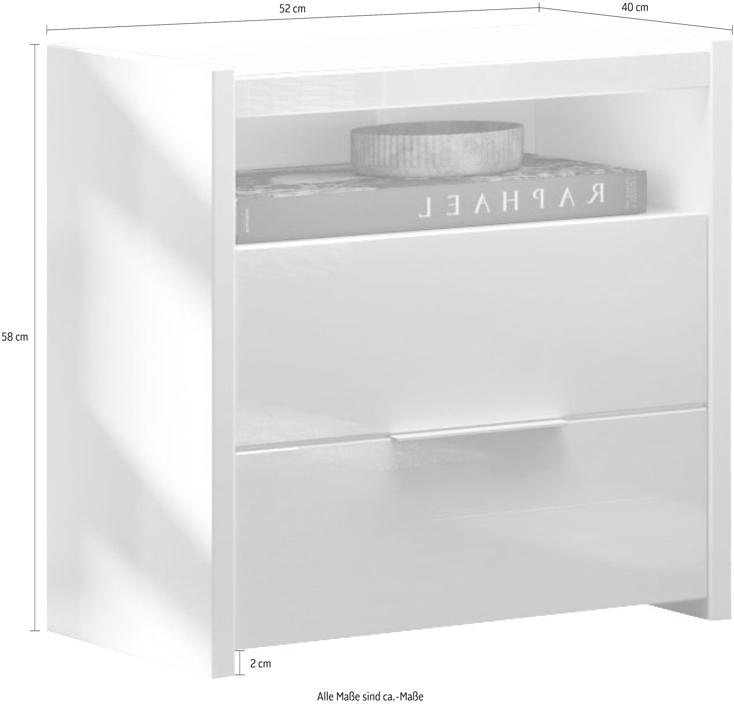 INOSIGN Nachtkommode »Malmo, Nachtschrank 2er Set, B/T/H 52/40/58 cm, mit 2 Schubkästen,«, (Set, 2 Nachtkommoden), offene Ablage, Top 22 mm stark, Metallgriff, Weiss Hochglanz Lack