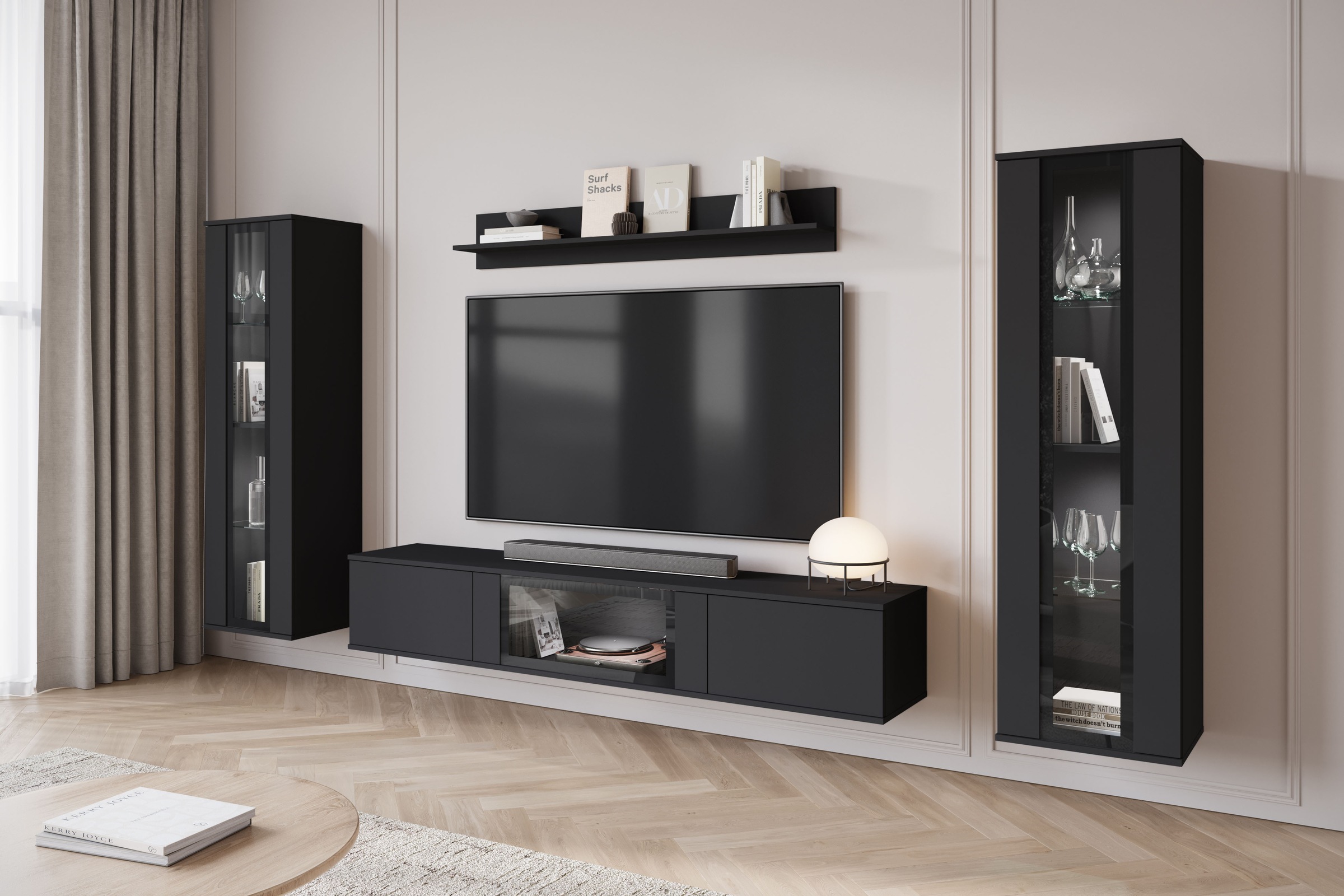 INOSIGN Wohnwand »Caro, stehend und hängend montierbar«, (Komplett-Set, 4 St., Vitrine Türanschlag links/rechts wechselbar), grifflose Design, höhenverstellbare Einlegeböden