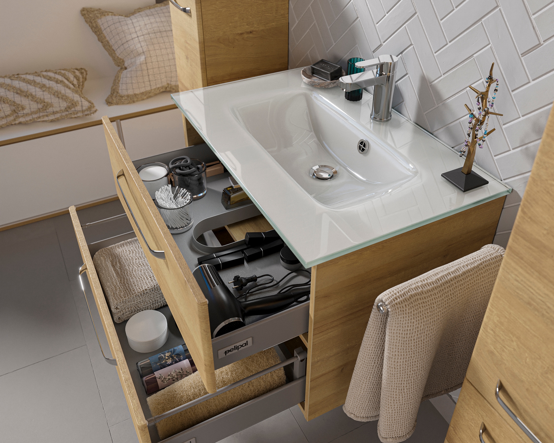 Saphir Badmöbel-Set »Badmöbel-Set Trentino 4-teilig Glas-Waschtisch mit LED-Spiegelschrank«, (5 St.), Badezimmer-Set mit Midischrank und Unterschrank inkl. Türdämpfer