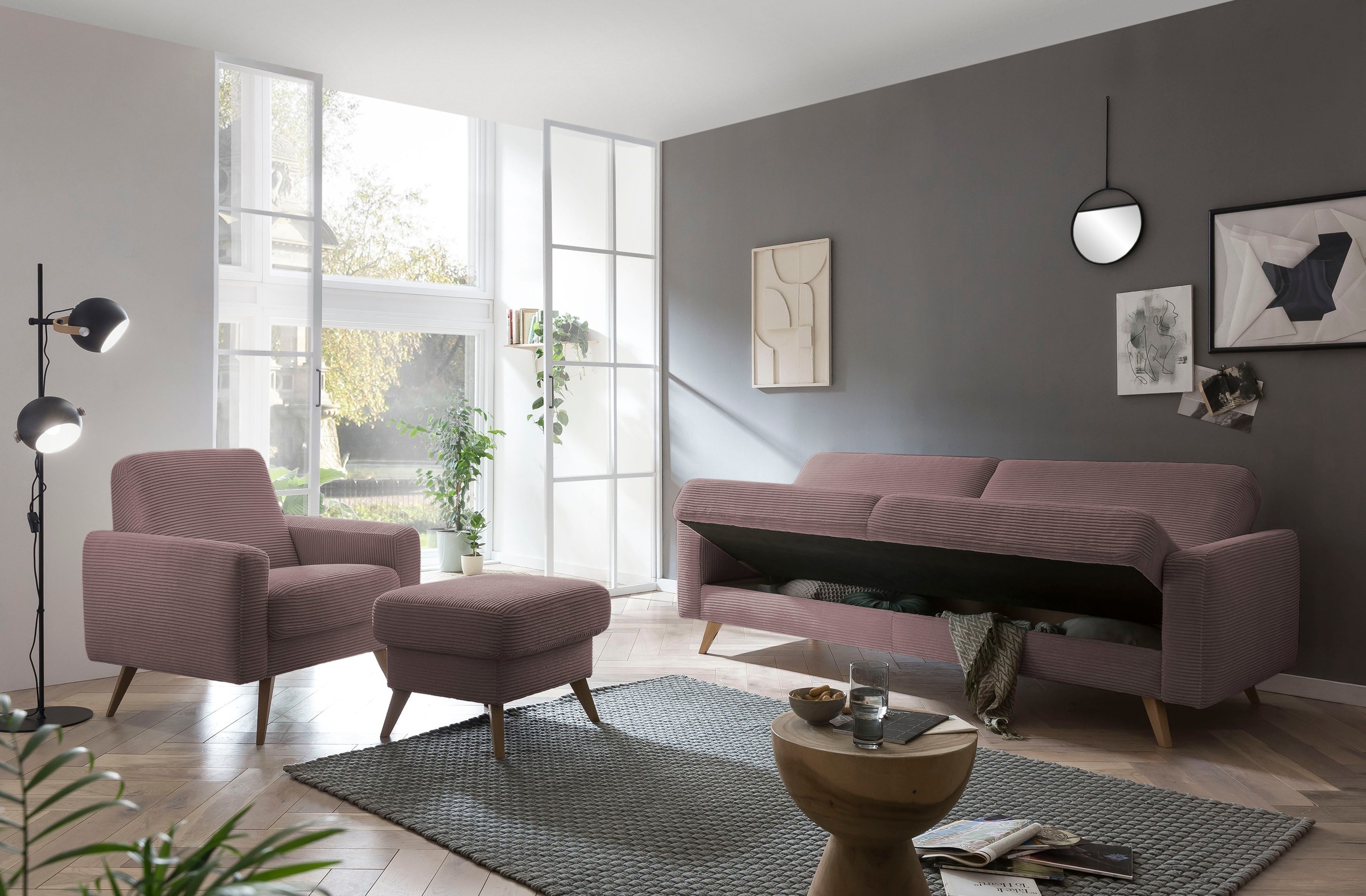 exxpo - sofa fashion 3-Sitzer »Samso, elegant und bequem, aktueller Cord Bezug, Kippcouch«, hochwertige Verarbeitung, Schlafsofa inkl. Bettfunktion und Bettkasten