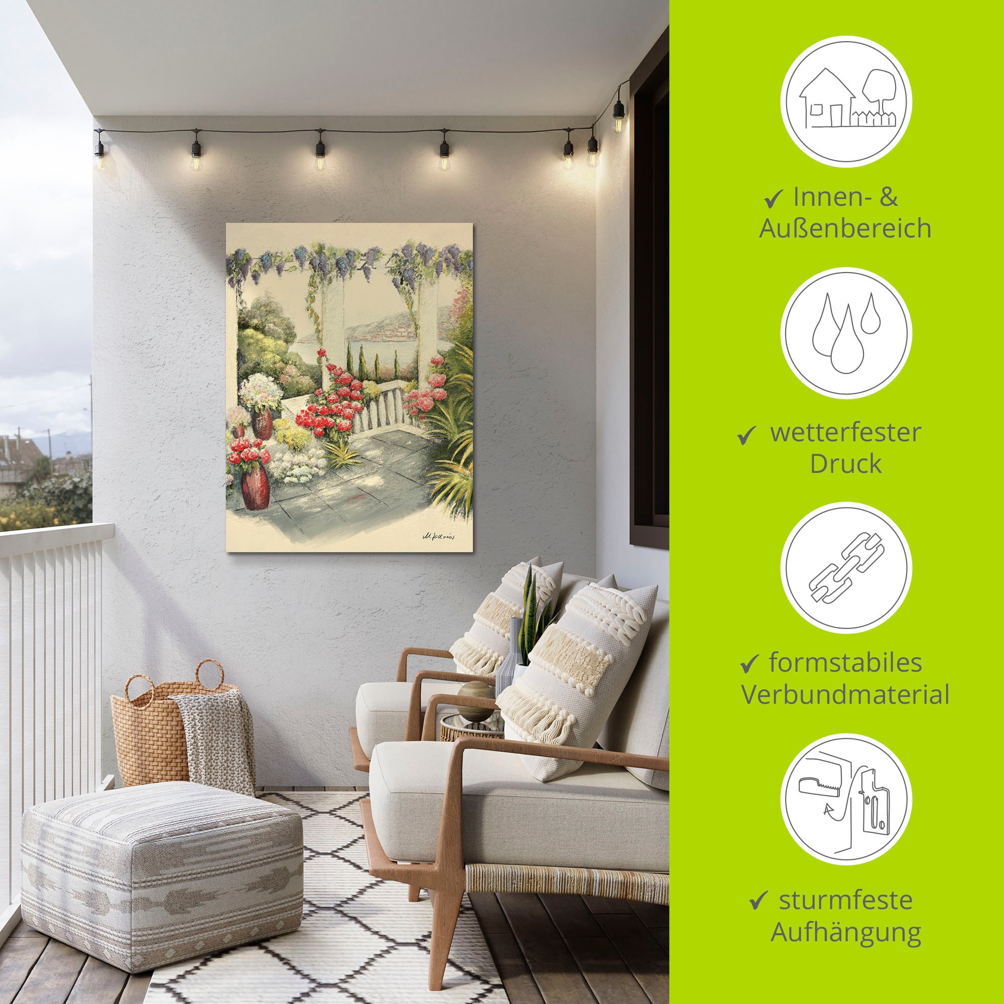 Artland Wandbild »Mediterrane Terrasse«, Fensterblick, (1 St.), als Alubild, Leinwandbild, Wandaufkleber oder Poster in versch. Größen