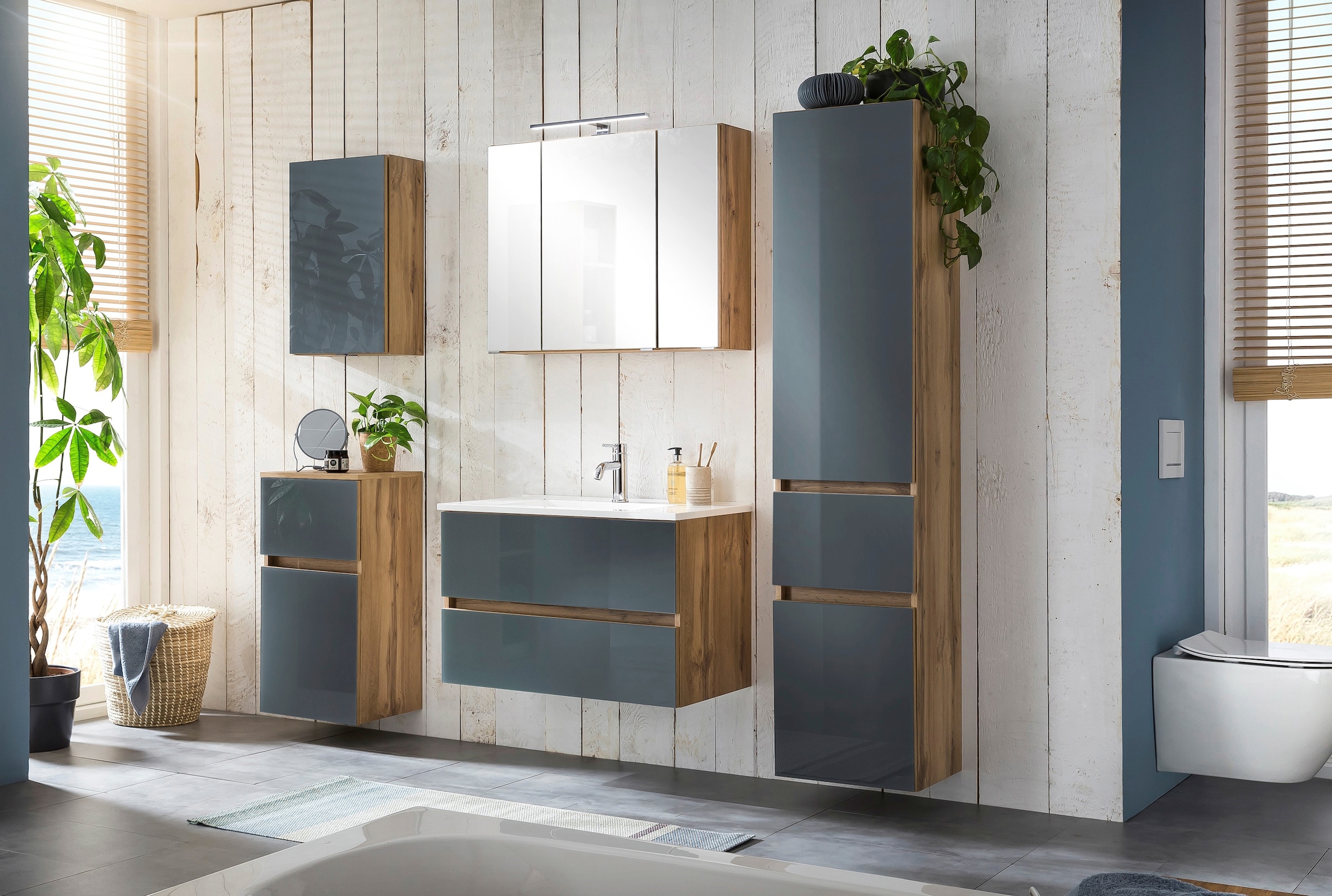 welltime Badezimmer-Set »Horki«, (Set, 5 St.), bestehend aus Waschtisch-Set mit Seitenschrank, Breite 160 cm