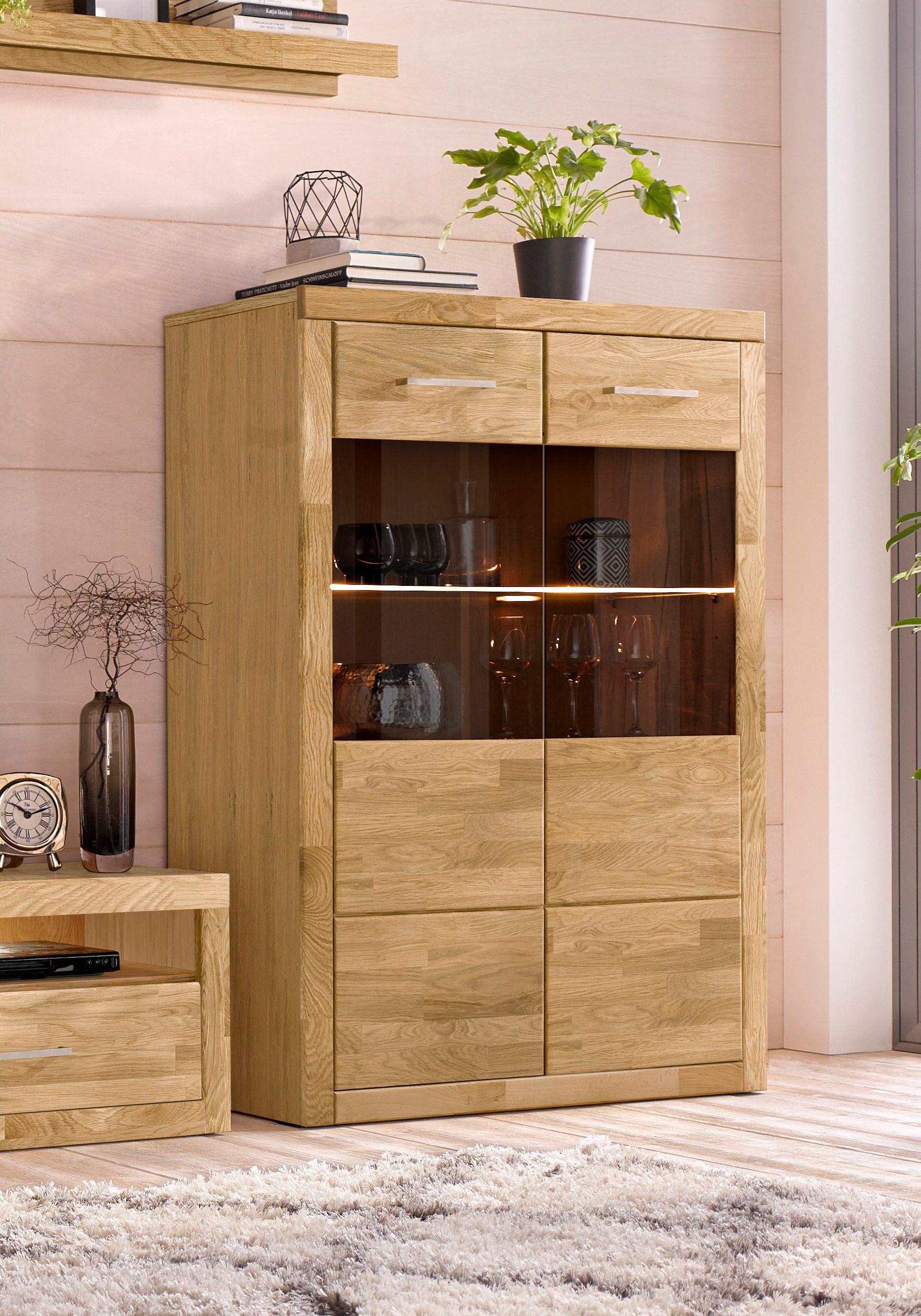 OTTO home Vitrine "Ribe, 125 cm hoch, Fronten Massivholz, 4 breite Fächer" günstig online kaufen