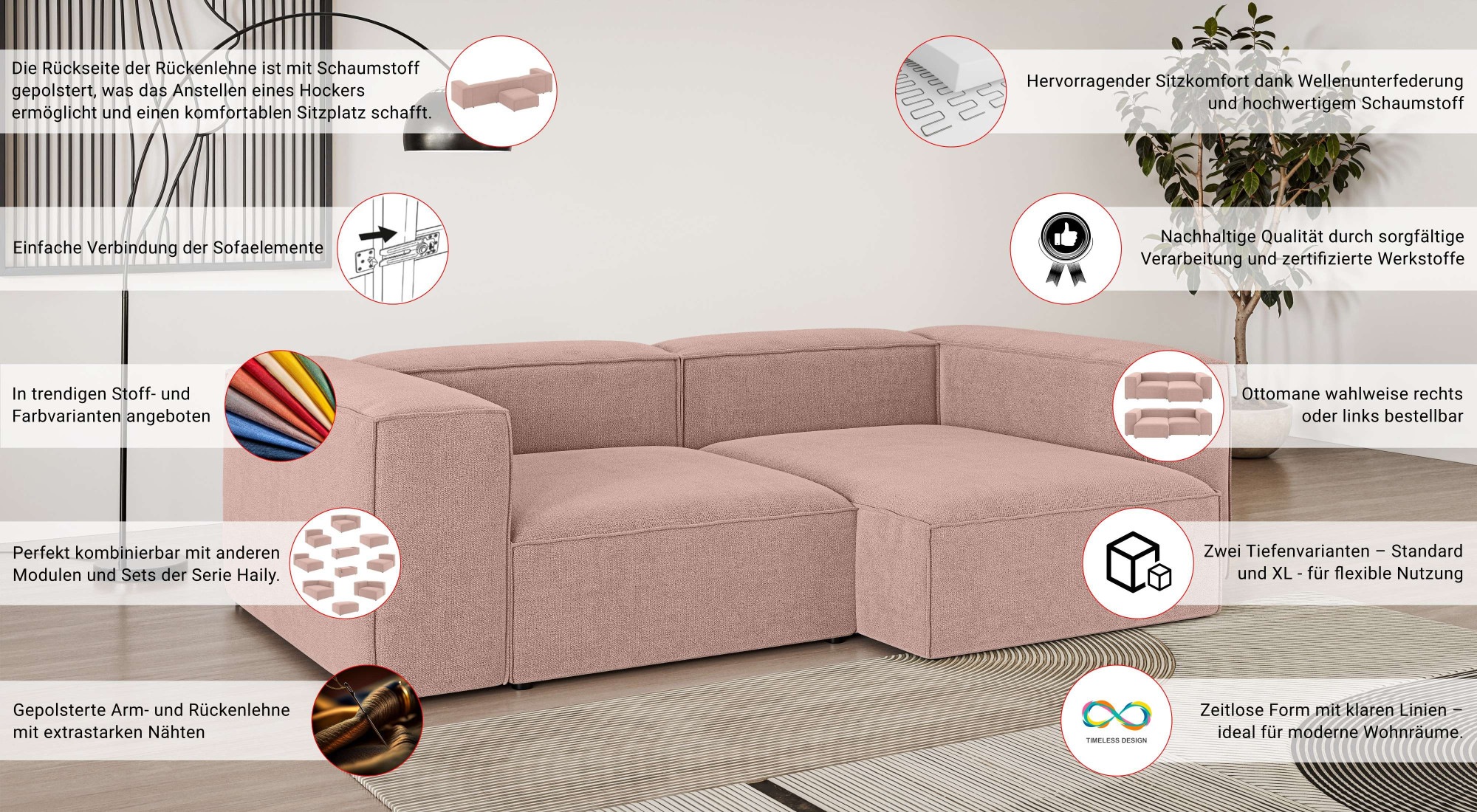 INOSIGN Ecksofa »XL HAILY L-Form, Modularsofa extra tief, Maße B/T/H: 260/160/72 cm«, als Modul oder separat verwendbar, für individuelle Zusammenstellung
