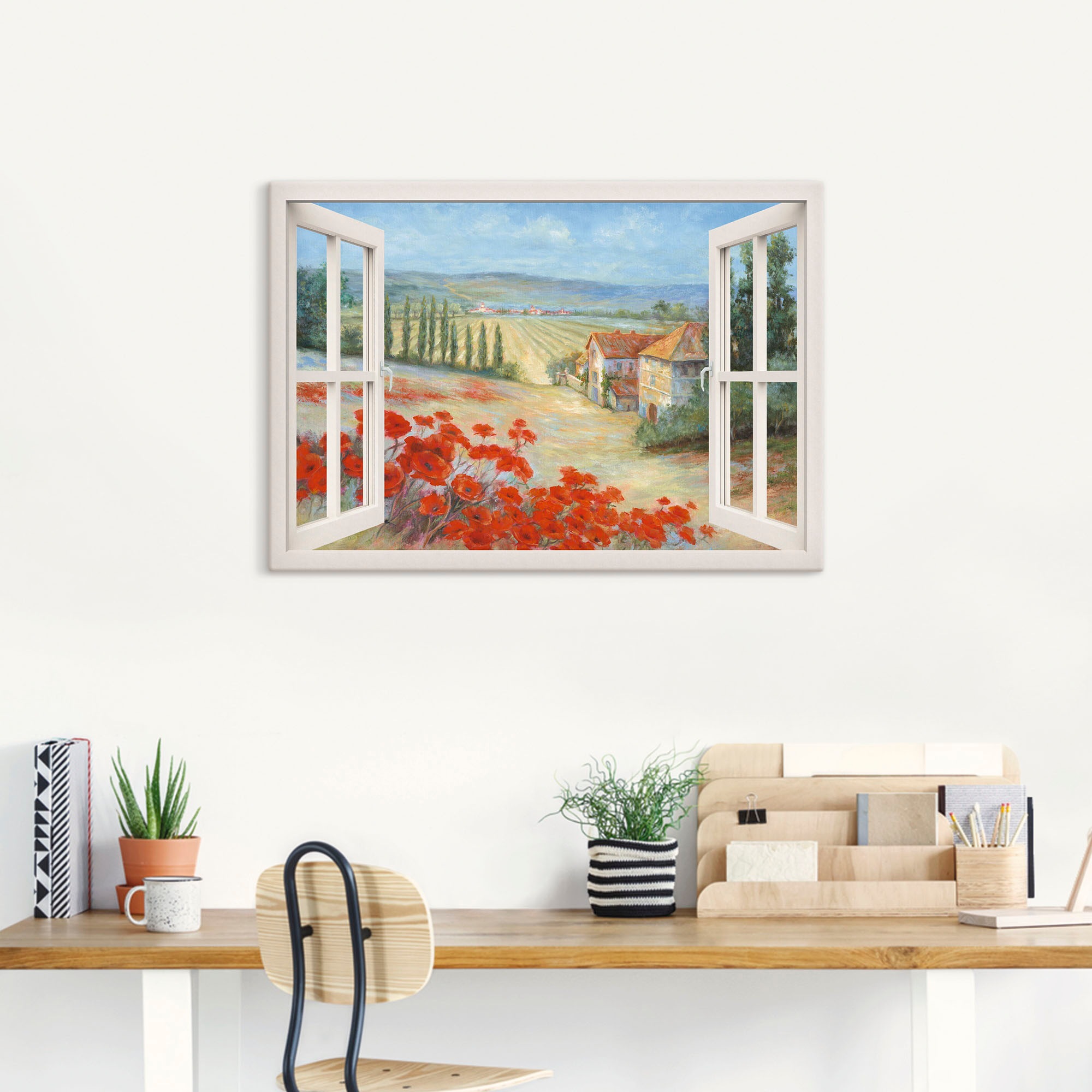 Artland Leinwandbild "Mohnlandschaft" Fensterblick 1 Stk. tlg. auf Holzrahm günstig online kaufen