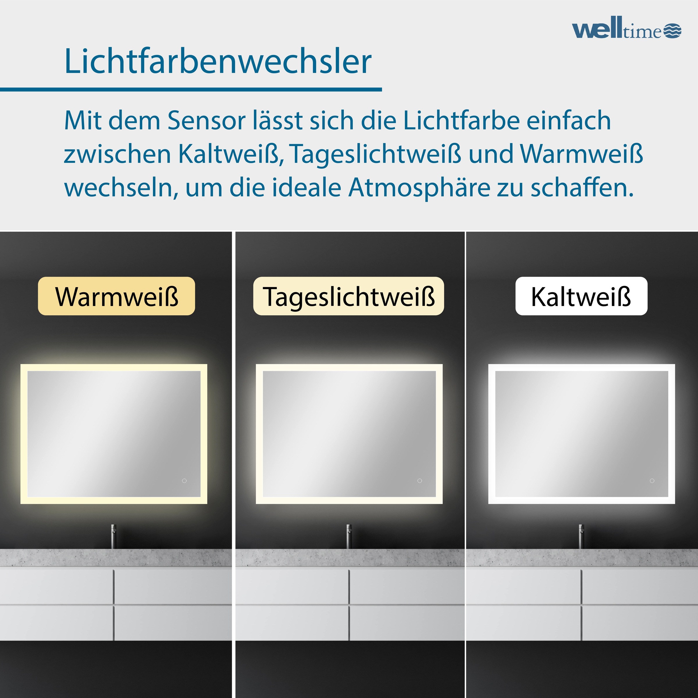 welltime LED-Lichtspiegel »Harmony«, mit Lichtfarbenwechsler und Dimmschalter, in verschiedenen Größen