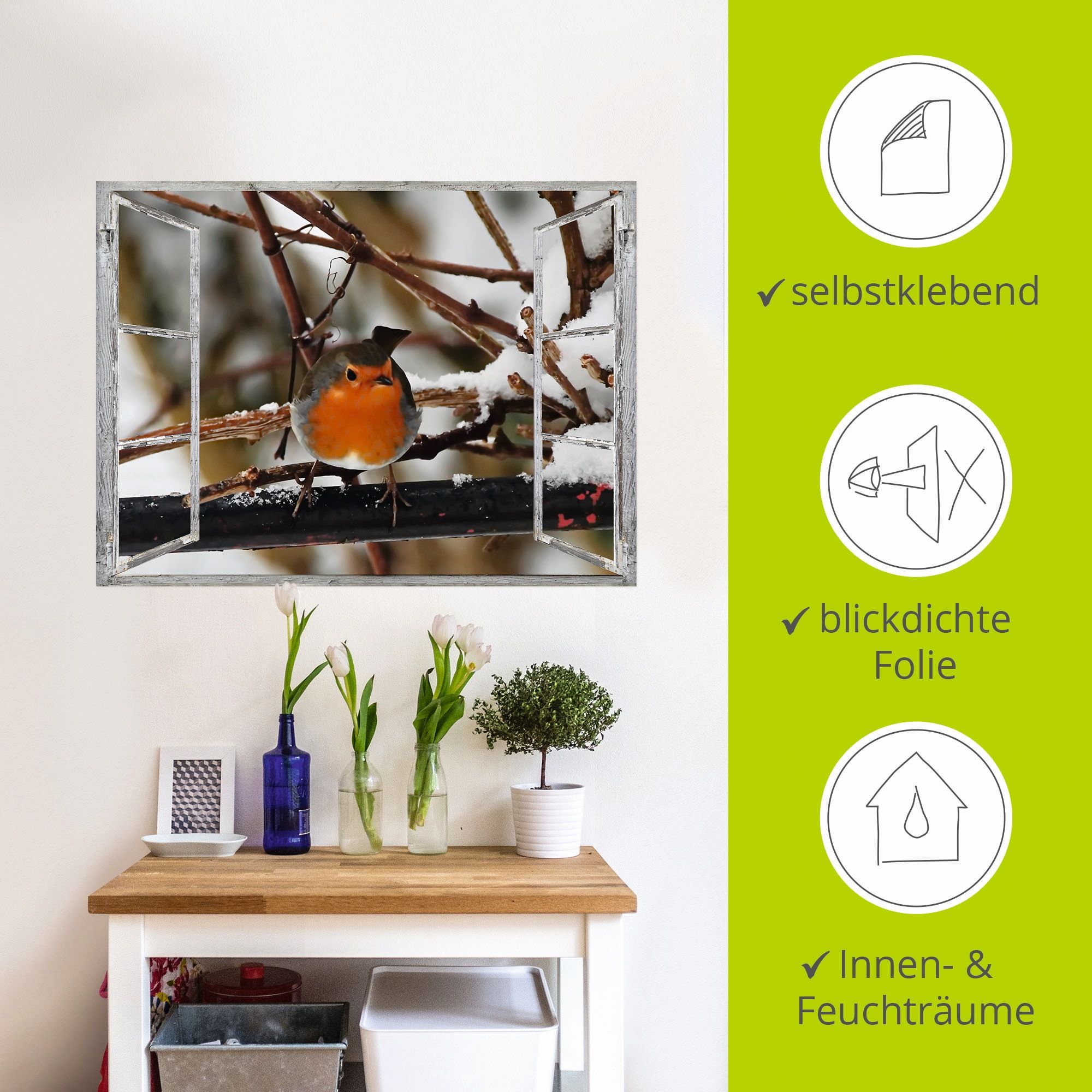 Artland Wandbild »Fensterbild - Rotkehlchen«, Vögel, (1 St.), als Poster, Wandaufkleber in verschied. Größen