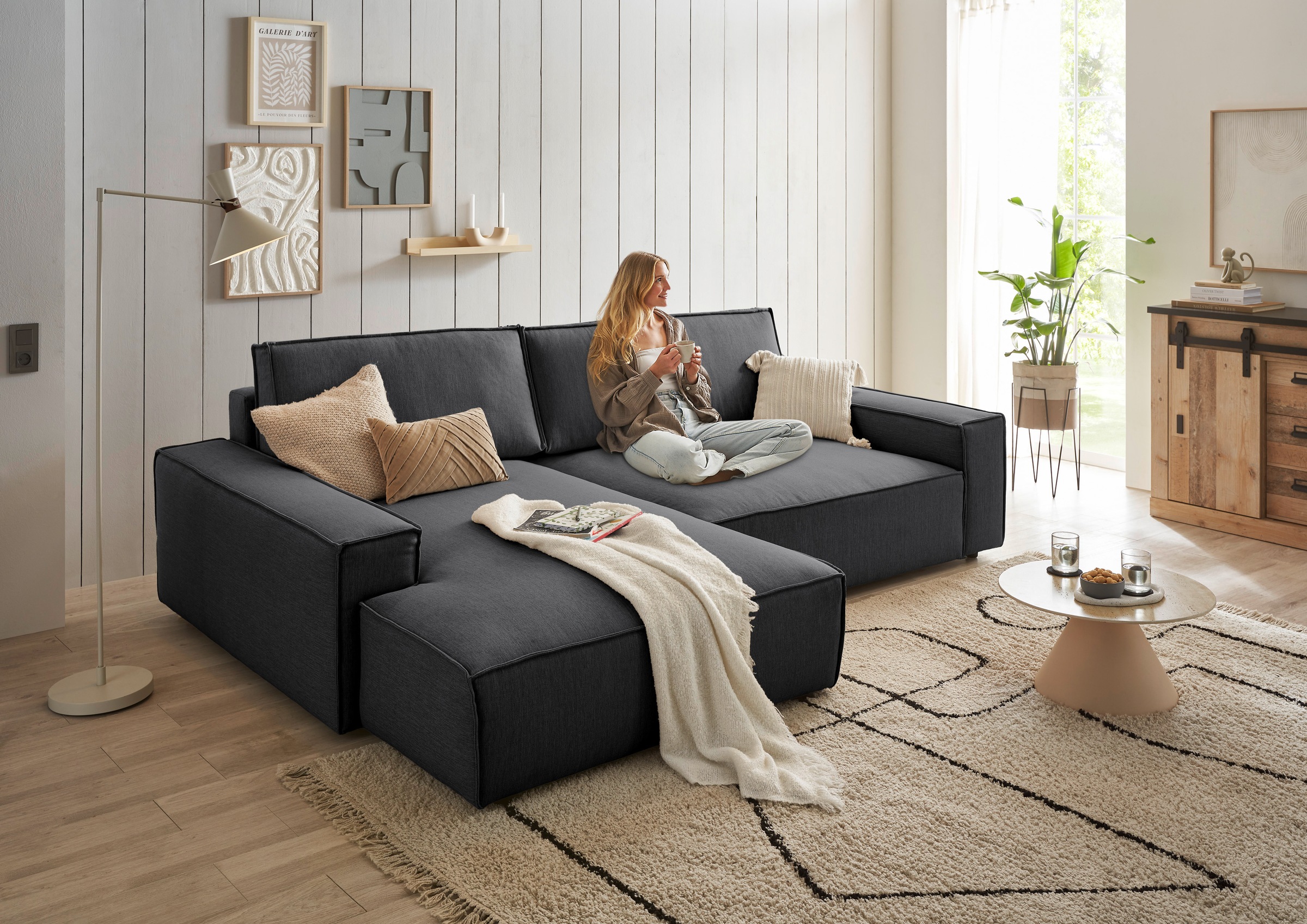 Home affaire Ecksofa »NEU: SHERWOODL XXL 284, Big-Sofa L-Form, tiefe Sitzfläche 95 cm, Cord,«, Leinenoptik, Recamiere rechts/links, auch als Schlafsofa stellbar