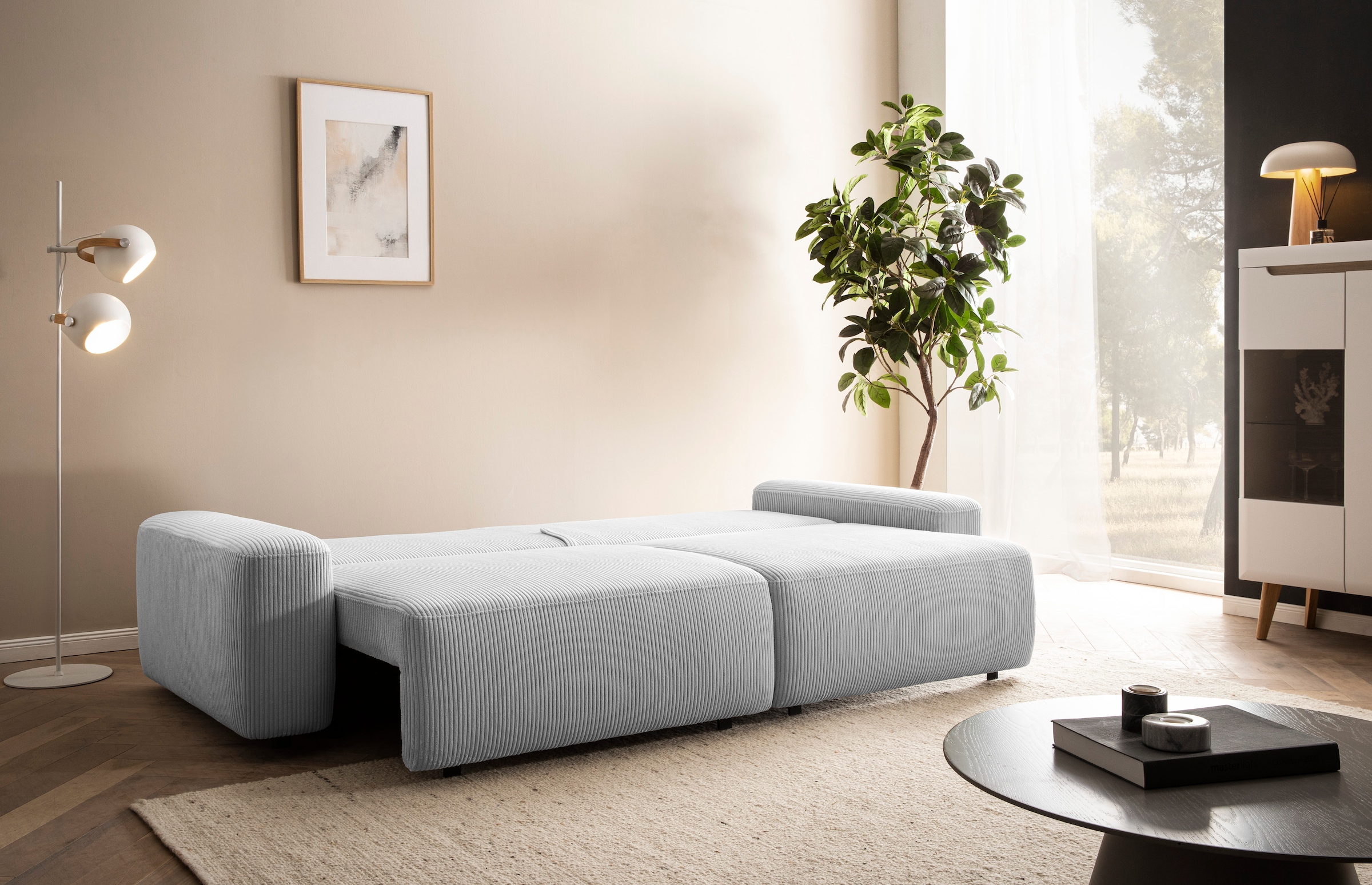 INOSIGN 3-Sitzer »TORGE (257cm), Sofa,Schlafsofa in Cord, Samtvelours, Struktur fein«, rundes Design, Schlaffunktion u. Bettkasten, Liegefläche: 135/200 cm