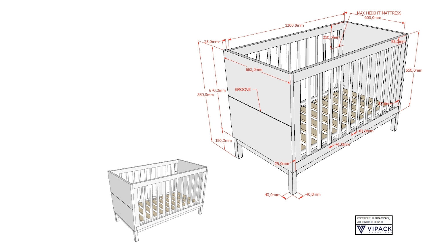 Vipack Babybett »in gradlinigem Design, standfest gebaut, pflegeleichte Oberfläche«, 60x120 cm, 3-fach verstellbarer Lattenrost, Ausf. weiß lackiert