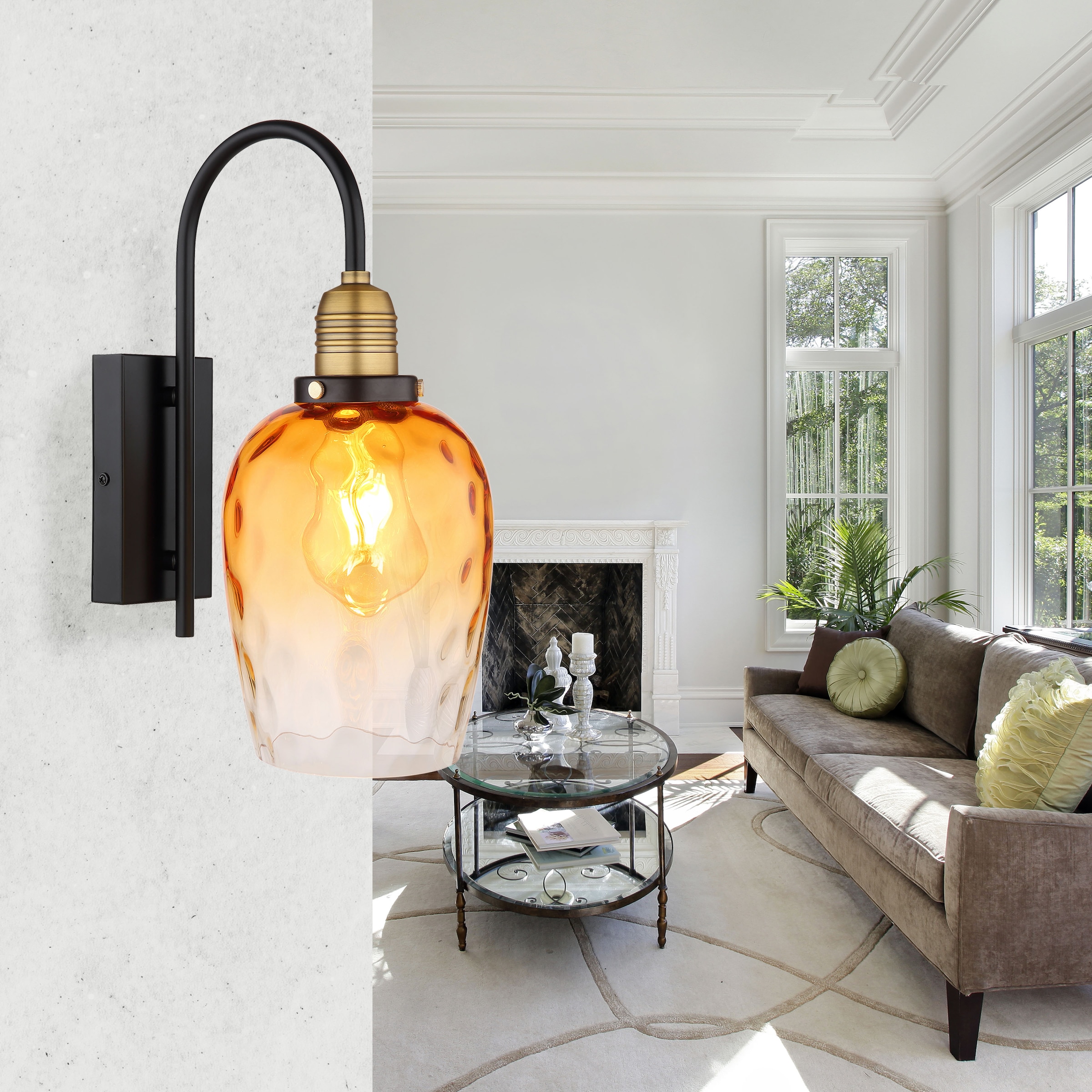 GLOBO LIGHTING Wandleuchte »SALVY«, Leuchtmittel E27 | ohne Leuchtmittel, Wandlampe/Glas amber/messingfarben/Lichtschein: abwärts