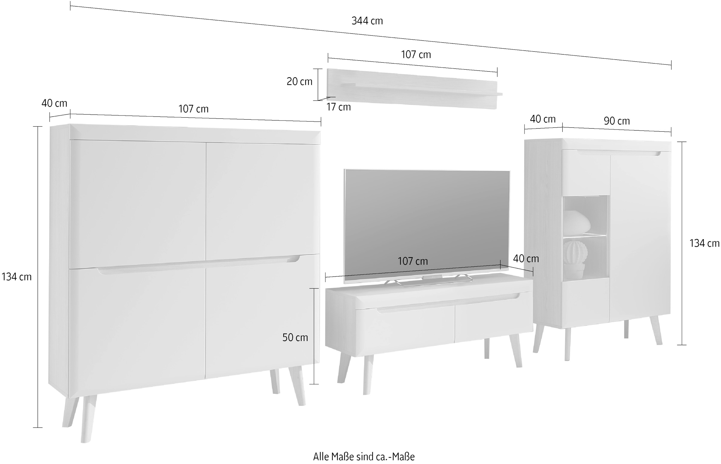 INOSIGN Wohnwand »Torge, Anbauwand, Schrankwand, Mediawand, Wohnzimmer-Set«, (Set, 4 St.), enthält 1 Vitrine, 1 Lowboard, 1 Highboard + 1 Wandboard, 344 cm breit
