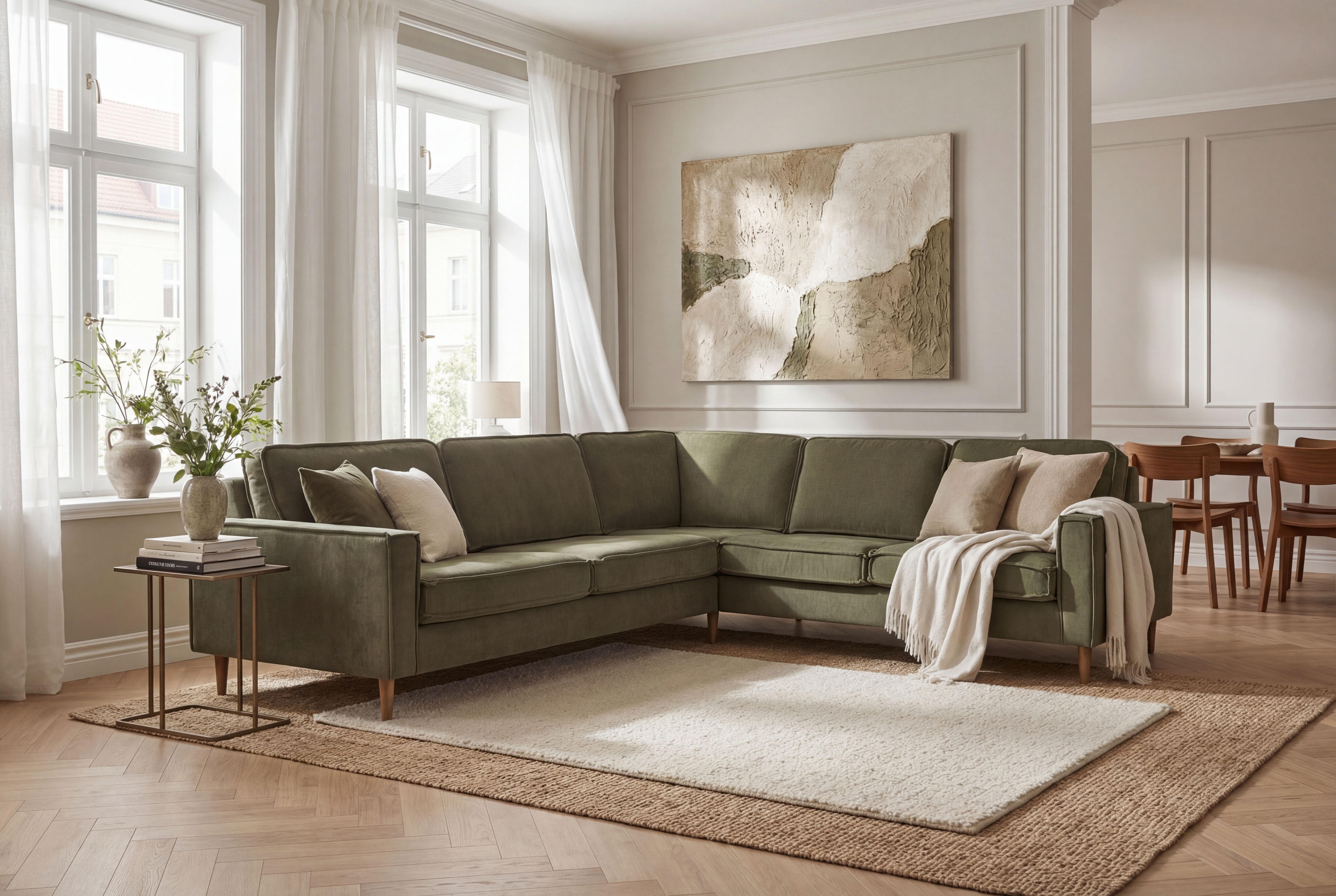 OTTO home Ecksofa "Pinto Skandi, 290 cm, Chenille, Struktur, Ottomane links / rechts" mit Keder, Massivholzfüße Eiche geräuchert, Wellenunterfederung