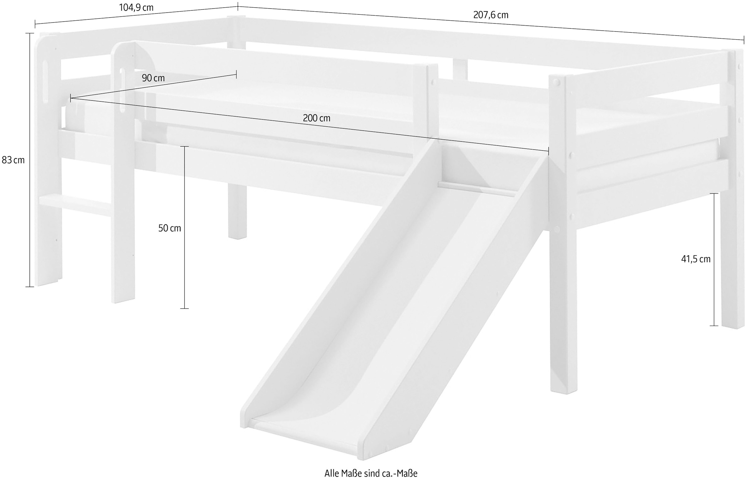 Vipack Spielbett »Vipack Pino«, (Made in Europe), Niedriges Spielbett mit LF 90 x 200 cm, Ausf. weiß oder grau lackiert