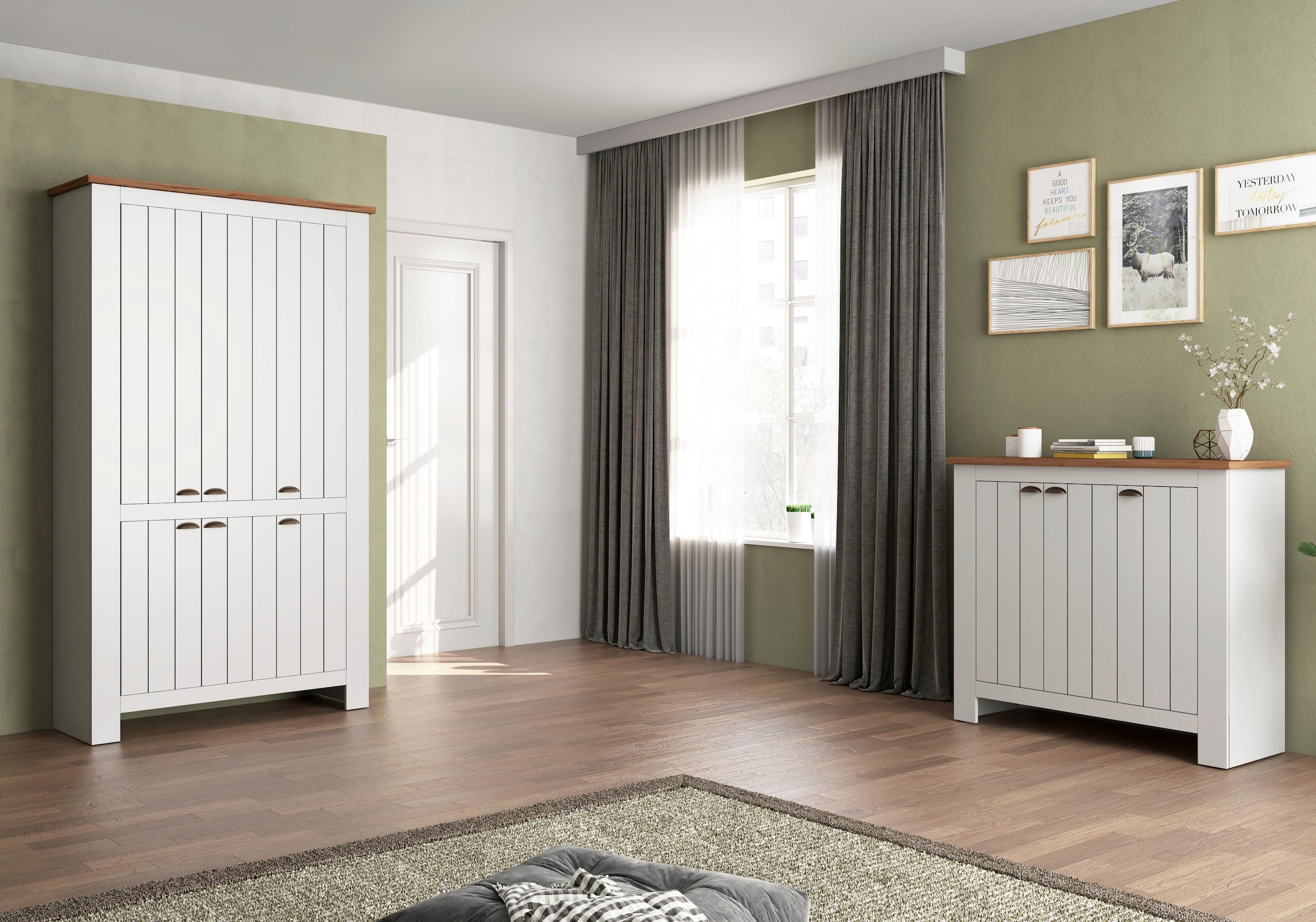 INOSIGN Schuhschrank »FIGO, Made in Italy – Schuhkommode,Schuhregal für ca. 30 Paar Schuhe«, (1 St.), 3-Türig, Siebdruck-dekorative Fräsungen, 10 Fächer, Höhe: 100 cm