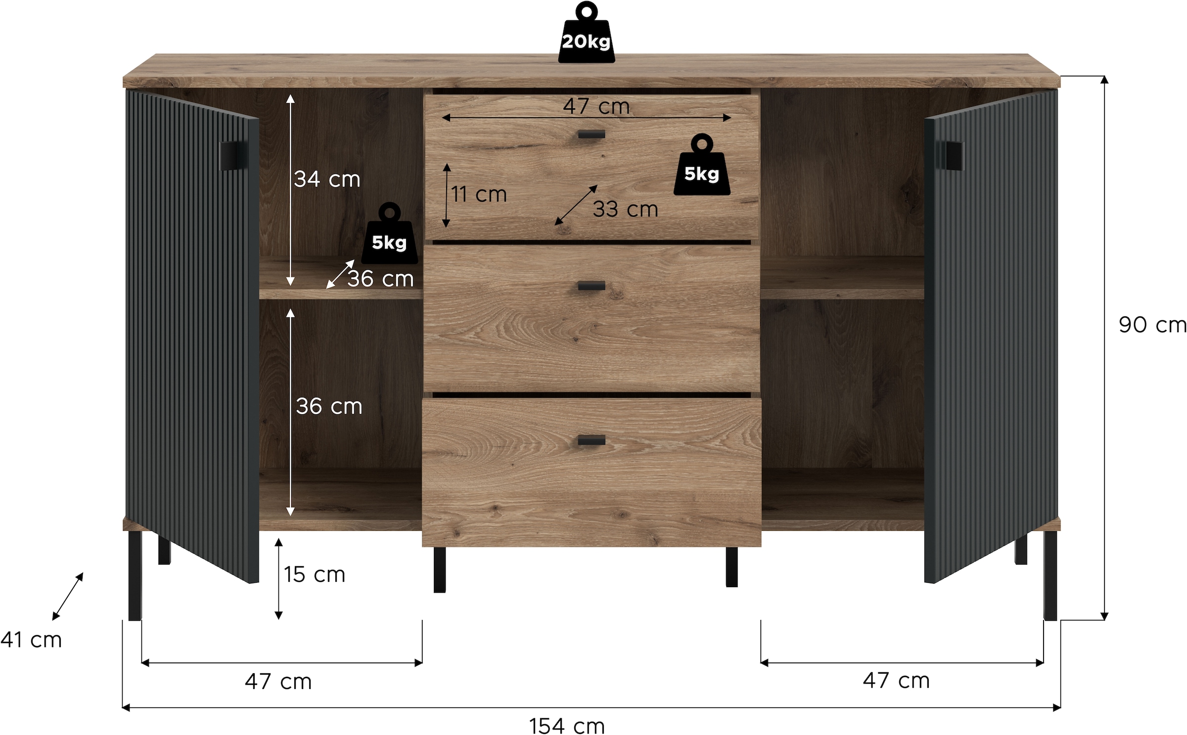 INOSIGN Sideboard »TREVERK, Breite: 154 cm, hochwertige MDF-Front schwarz tiefzieh« 1 Stk. tlg. Sideboard, Wohnzimmer, Esszimmer