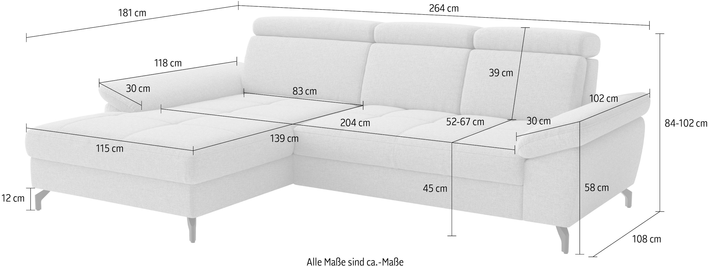 sit&more Ecksofa »Vanity L-Form, B: 264 cm, mit Sitz-, Kopf- und Armteilverstellung« Couch optional mit Schlaffunktion & Bettkasten