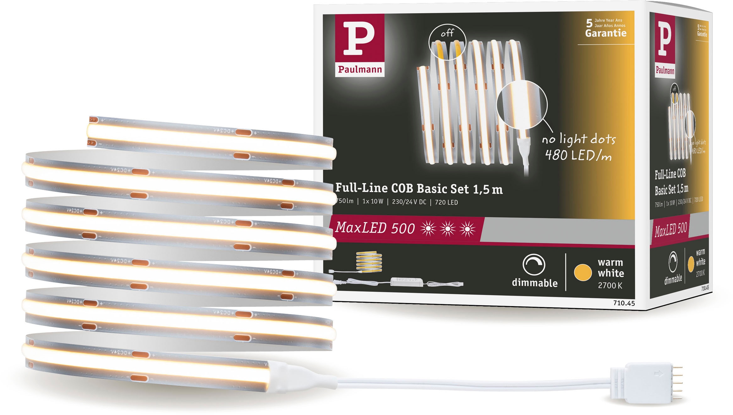 PAULMANN LED-Streifen "MaxLED 500 Full-Line COB Basisset 1,5m, warmweiß10W 750lm 480LED 2700K", Dioden 720 Stk. Flammen 1 Stk., Gesamtlänge 1,5m,