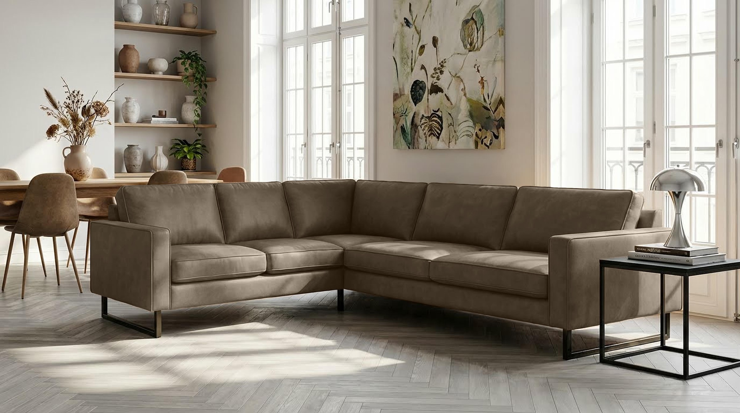 OTTO home Ecksofa "Pinto, XXL, 250/290 cm, langer Schenkel, Ottomane" Cord, Chenille, Lederoptik, mit Keder, Metallfüße, Wellenunterfederung