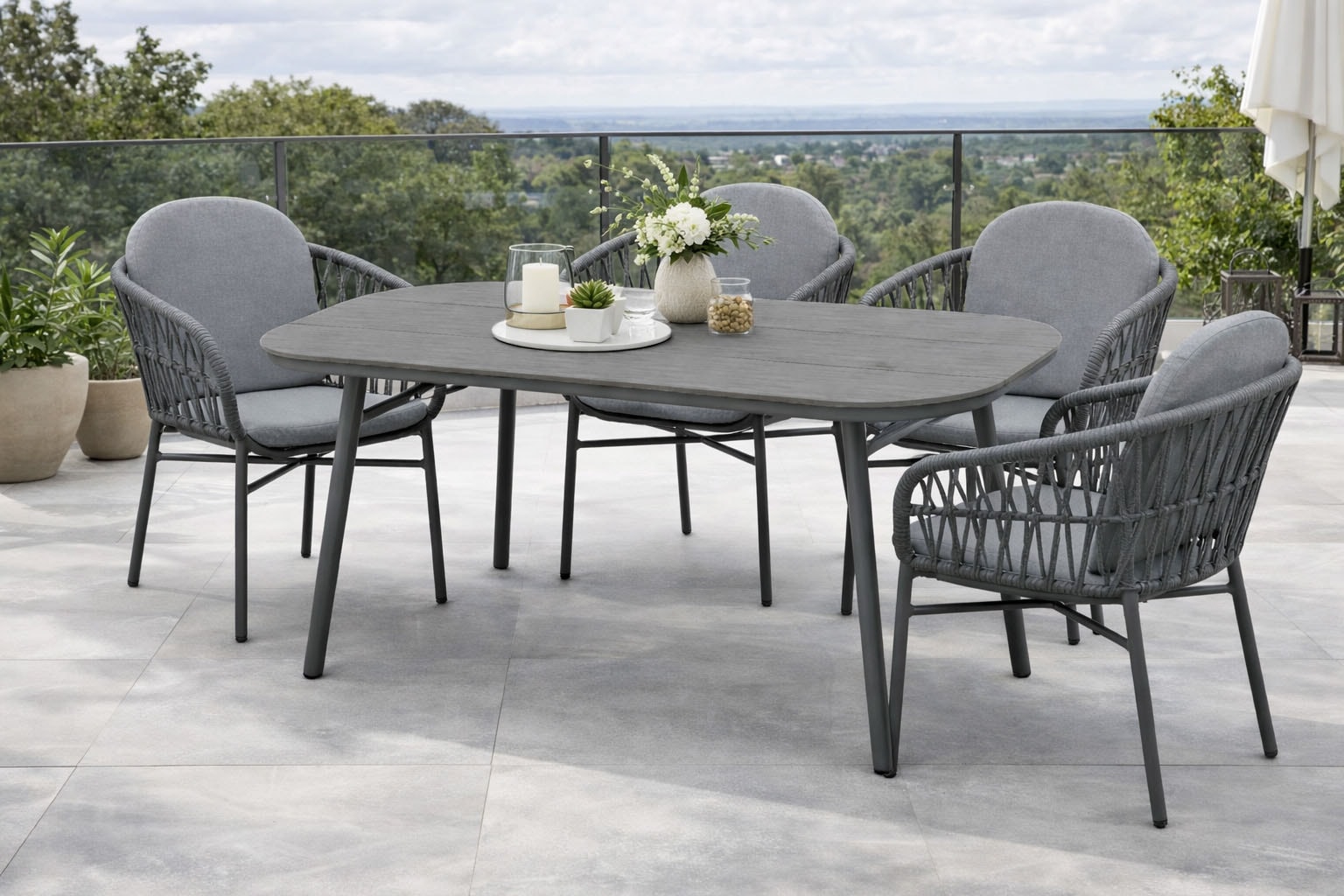 Destiny Garten-Essgruppe "COMO SAN MARINO 4 Se + Tisch OV 180x90cm grau/ anthrazit" Set, Aluminium, Rope, Polywood